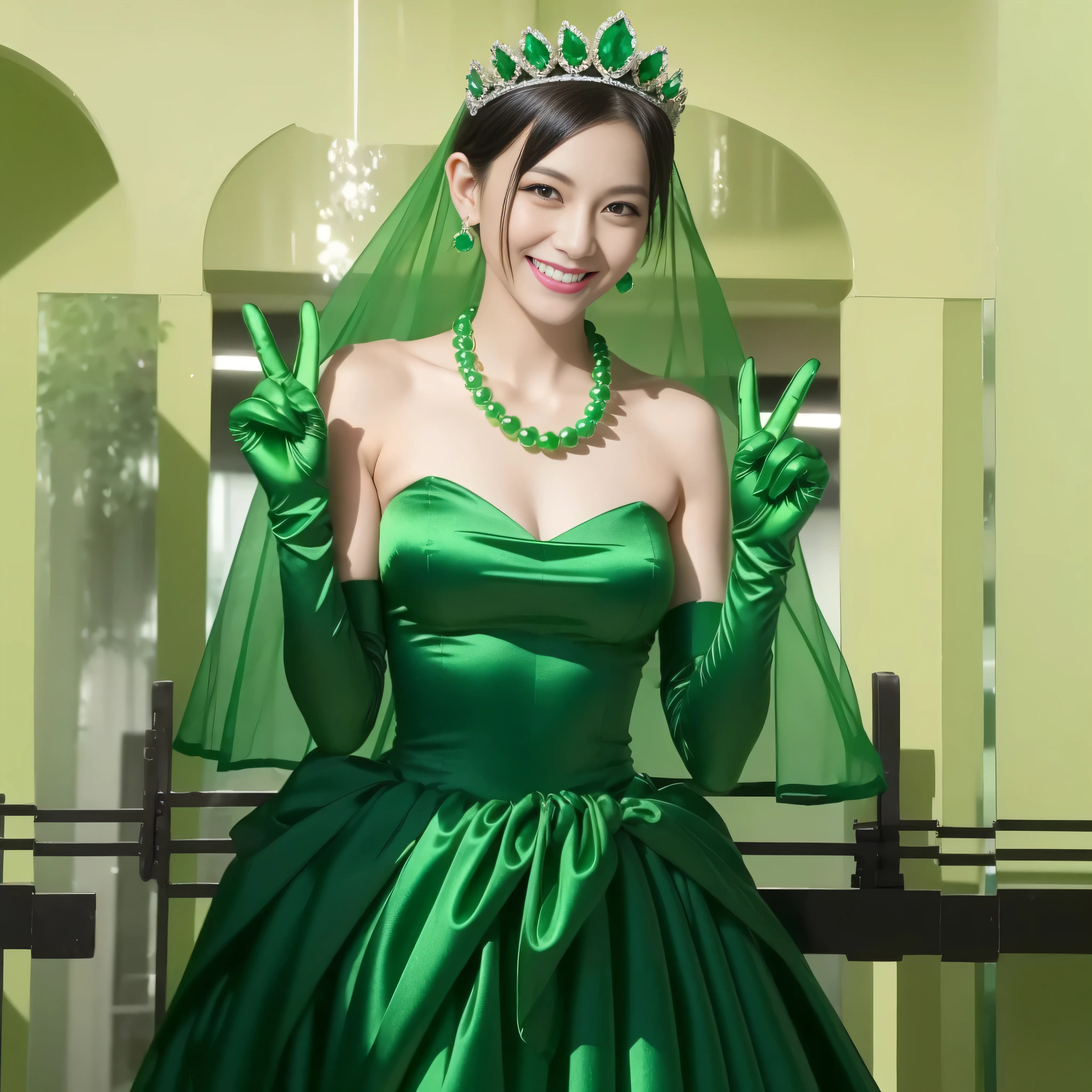 Emerald tiara, Green Pearl Necklace, Boyish very short green hair, lipstick, Smiling Japan woman in her 30s, Very short hair, Big and beautiful, Green Eyes, Long green satin gloves, Big Breasts, V sign, Emerald Earrings, Green veil
