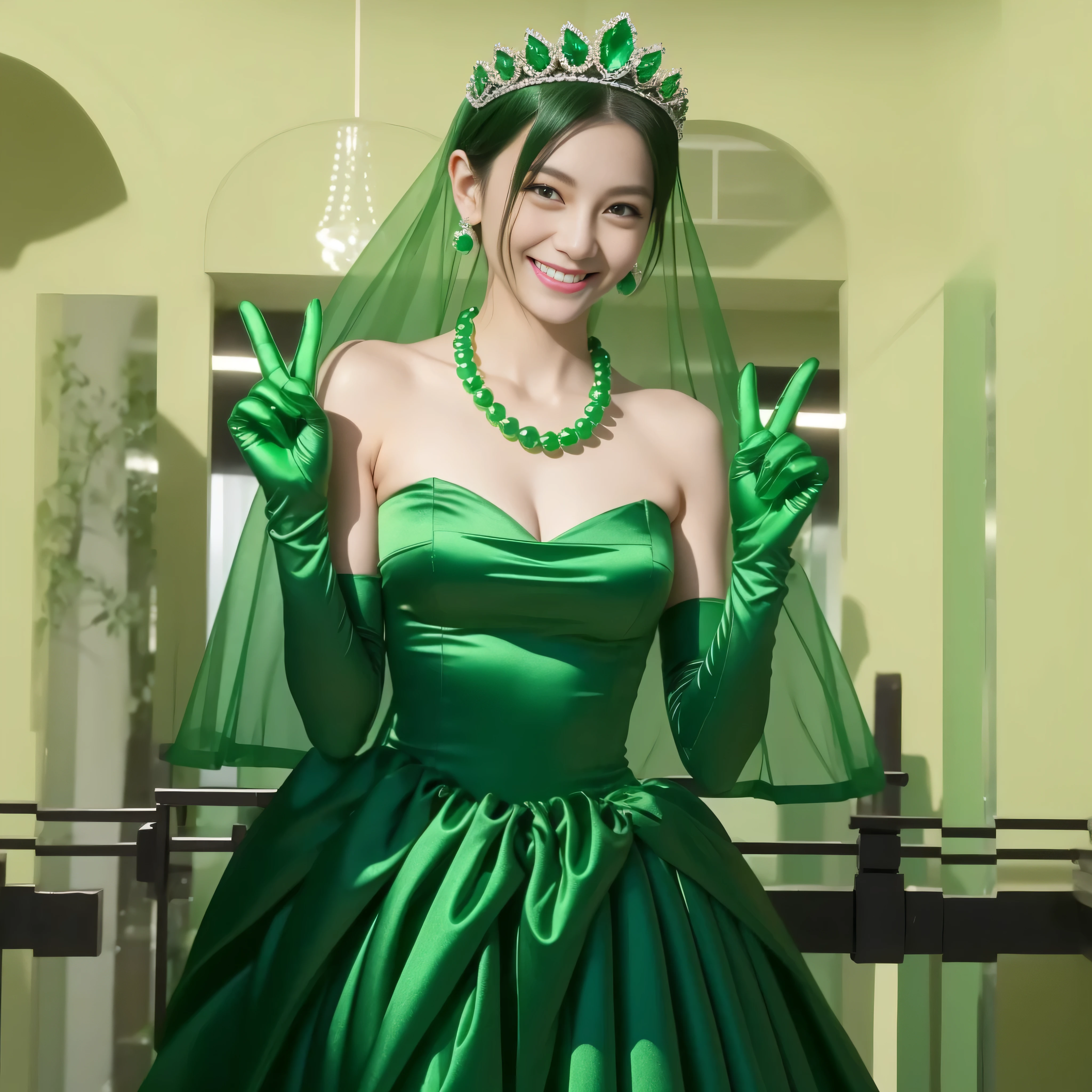 Emerald tiara, Green Pearl Necklace, Boyish very short green hair, lipstick, Smiling Japan woman in her 30s, Very short hair, Big and beautiful, Green Eyes, Long green satin gloves, Big Breasts, V sign, Emerald Earrings, Green veil