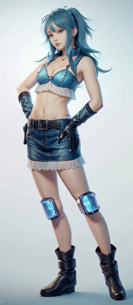 Blue Hair Surrealism, Character table, Reference Table, Standing painting, 8k, Super Detail, 1080P, Women HD, 4K, 8k, 16k, high resolution, best quality, high quality, Anatomically correct, masterpiece, precise, Ultra HD,grace,Unreal Engine,Delicate face,Long braids,slim,Long legs,miniskirt