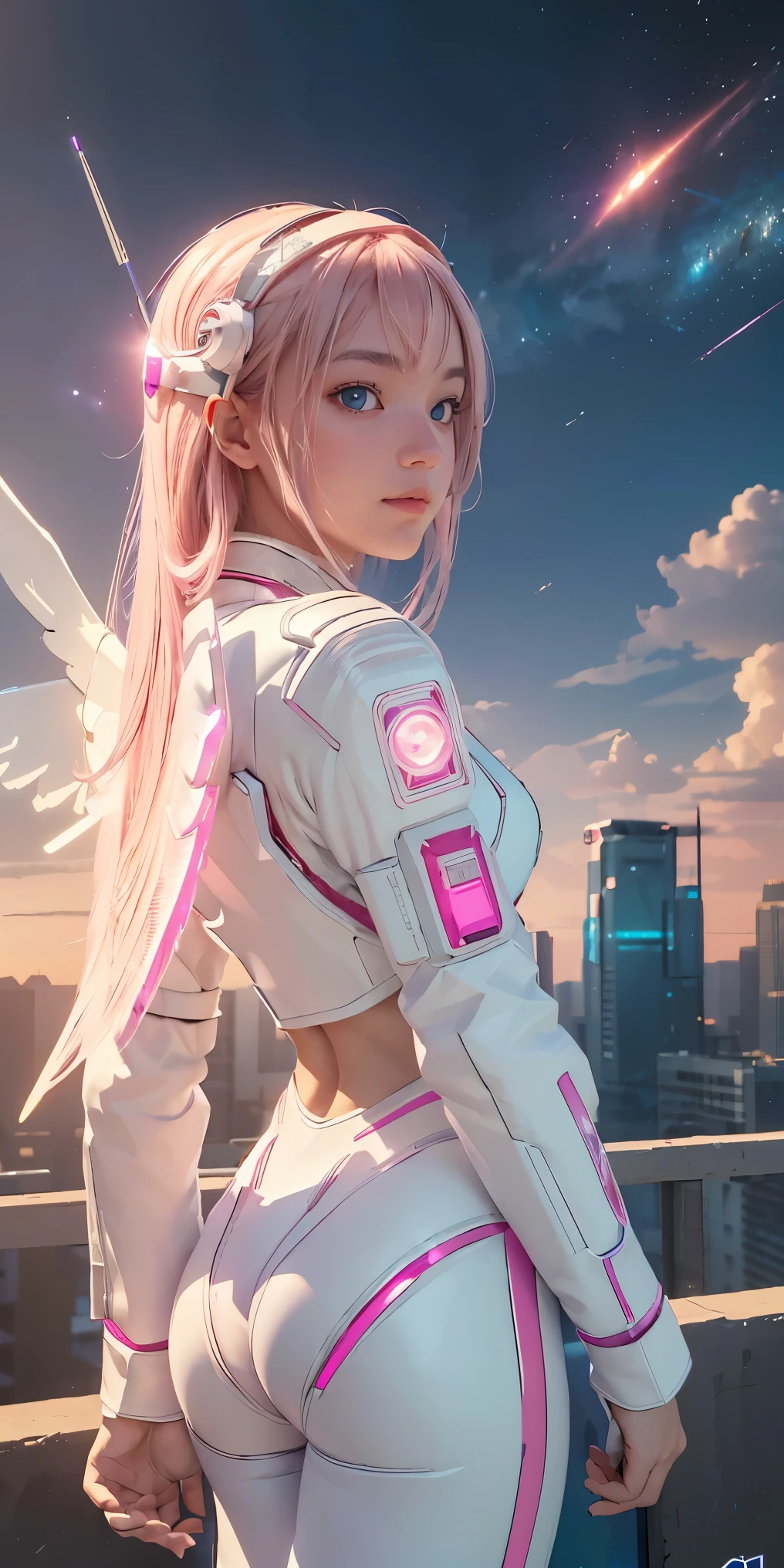 ((masterpiece, best quality, extremely detailed), volumetric lighting, ambient occlusion, colorful, glowing),
1girl, solo, young girl, (pink hair), long hair, halo, aura, sacred, godness, cyber suit, (white outfit:1.3), android, bot, angel wings,
outdoors, sunset, sky, clouds, space, (cyberpunk theme:1.2),