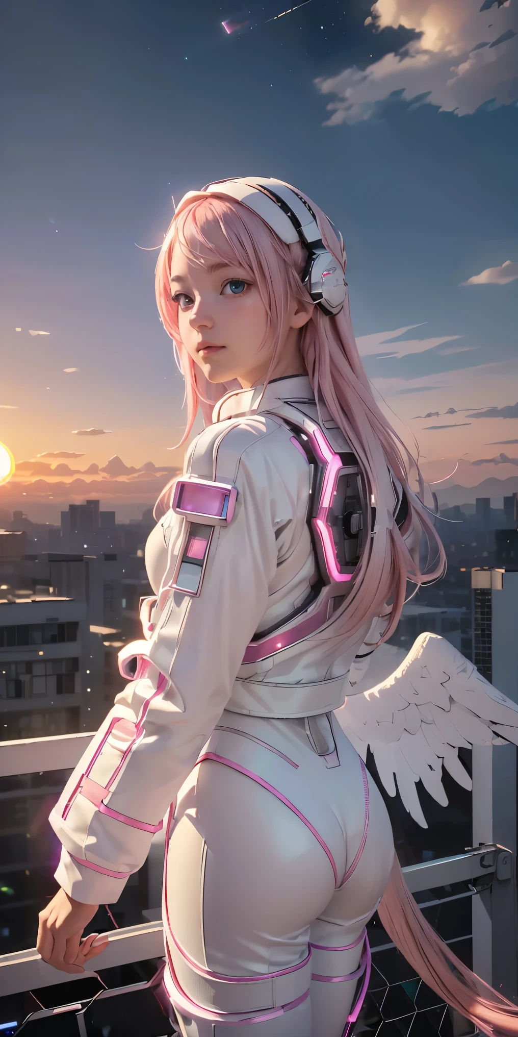 ((masterpiece, best quality, extremely detailed), volumetric lighting, ambient occlusion, colorful, glowing), 
1girl, solo, young girl, (pink hair), long hair, halo, aura, sacred, godness, cyber suit, (white outfit:1.3), android, bot, angel wings,
outdoors, sunset, sky, clouds, space, (cyberpunk theme:1.2),
