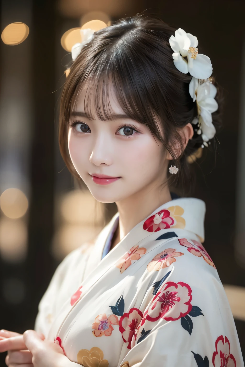 (kimono)、masterpiece、beautiful girl、Beautiful detailed eyes、highest quality, 超A high resolution, (reality: 1.4), Cinema Lighting、(Japanese Girls)、so beautiful、Beautiful Skin、(Looking at the audience)、(Surreal)、(High resolution)、(8k)、(Very detailed)、(Beautiful fine details)、(Very detailed)、 (wallpaper)、Detailed face、Bright lighting、Professional Lighting、Smile