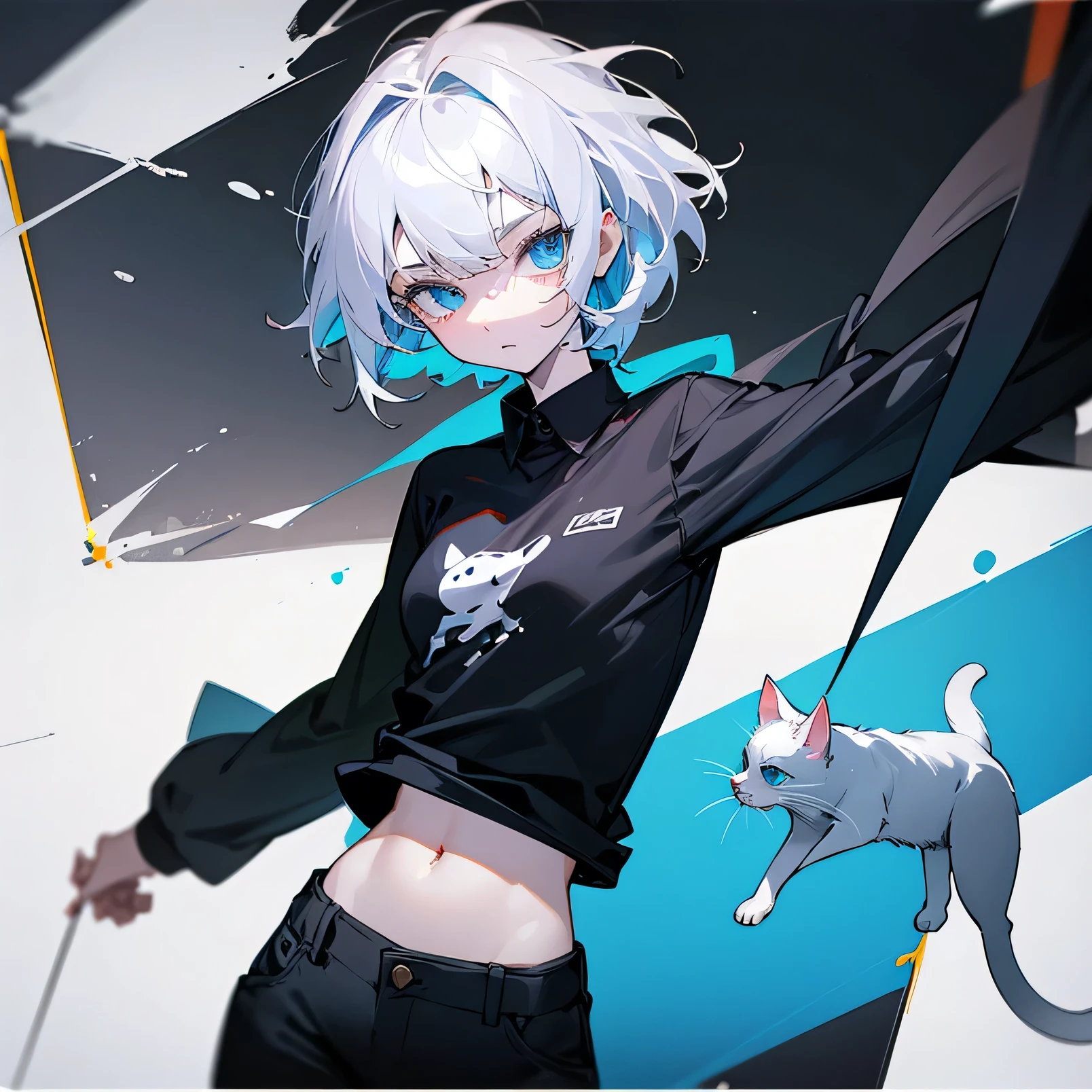 A 15-year old girl with short messy hair,bright blue eyes,pale skin and with a slender build. She wears cargo pants and a black shirt with the drawing of a cat. And also a pair of goggles.
