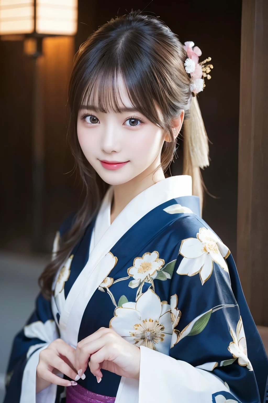 (kimono)、masterpiece、beautiful girl、Beautiful detailed eyes、highest quality, 超A high resolution, (reality: 1.4), Cinema Lighting、(Japanese Girls)、so beautiful、Beautiful Skin、(Looking at the audience)、(Surreal)、(High resolution)、(8k)、(Very detailed)、(Beautiful fine details)、(Very detailed)、 (wallpaper)、Detailed face、Bright lighting、Professional Lighting、Smile