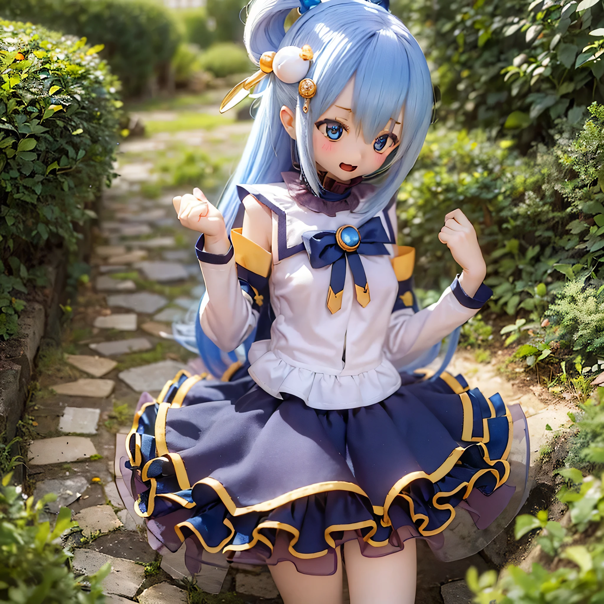 (a young girl and) Blue Hair, (wear) a white and blue dreSS, (Holding) staff, (Standing) wealthy, Vibrant Garden, (and) Colorful flowers (flowering) Around her, (Down) Clear blue sky.(((((punch)))))
(Portraiture) girl&#39;S, (Realistic) rendering, (and) (Very detailed) Features, (inclusive) Sparkling blue eyes, (Rose color) lips, and (length) eyelash.
(highest quality, 4K, High resolution) image, (and) (Vivid) color, (Emphasis expressed) girl&#39;Stylish and lively appearance.
(the garden iS filled and) sunlight, (end) a warm and inviting atmoSphere, (and) kind (Light of the sun) Light up the scene.villain poSe
have a magic wand (((open your mouth and laugh)))