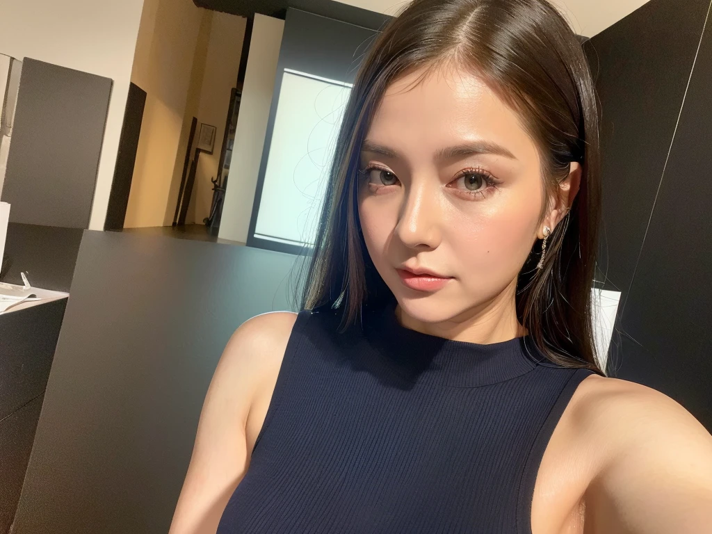 (Best image quality, 4K, high quality, masterpiece:1.2), ((masterpiece)), High detail, high quality, (High resolution,16k, RAW Beautiful Girl Portrait, Best image quality, masterpiece:1.2), (Ultra high definition illustration),whole body,office, Sleeveless tight sexy business shirt, Very beautiful, (40 years old:1.4), Underarm,