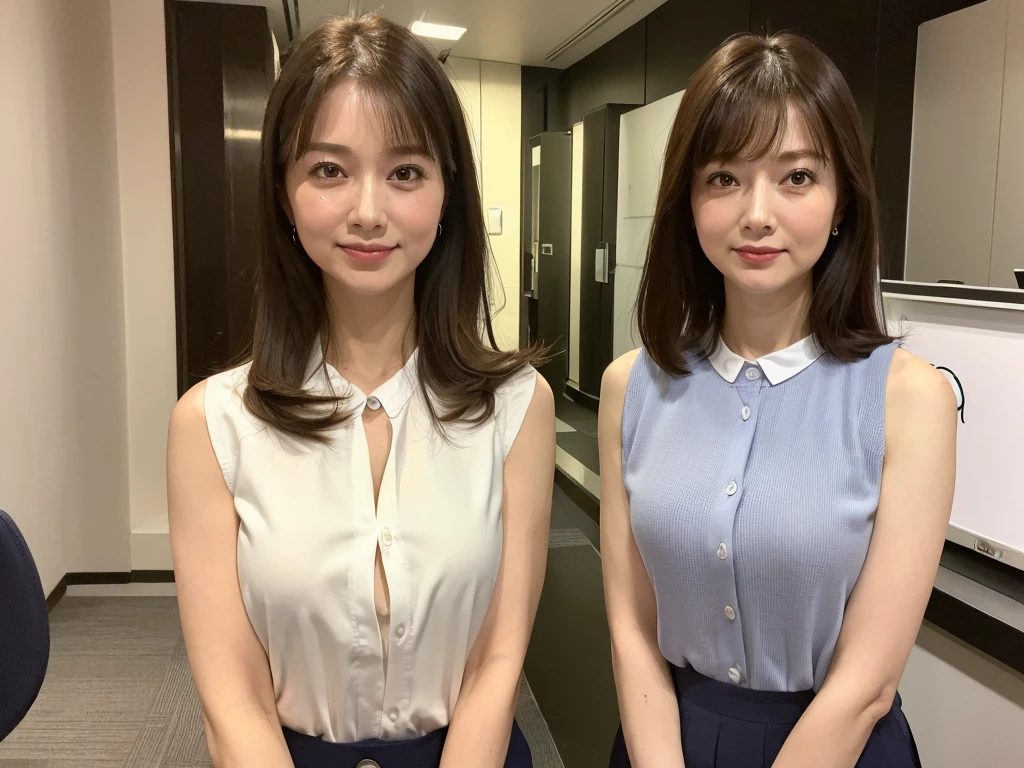 (Best image quality, 4K, high quality, masterpiece:1.2), ((masterpiece)), High detail, high quality, (High resolution,16k, RAW Beautiful Girl Portrait, Best image quality, masterpiece:1.2), (Ultra high definition illustration),whole body,office, Sleeveless tight y business shirt, Very beautiful, (40 years old:1.4), Underarm,
