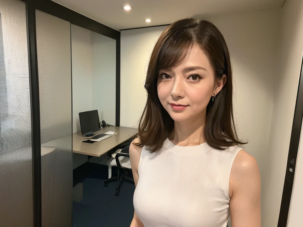 (Best image quality, 4K, high quality, masterpiece:1.2), ((masterpiece)), High detail, high quality, (High resolution,16k, RAW Beautiful Girl Portrait, Best image quality, masterpiece:1.2), (Ultra high definition illustration),whole body,office, Sleeveless tight sexy business shirt, Very beautiful, (40 years old:1.4), Underarm,