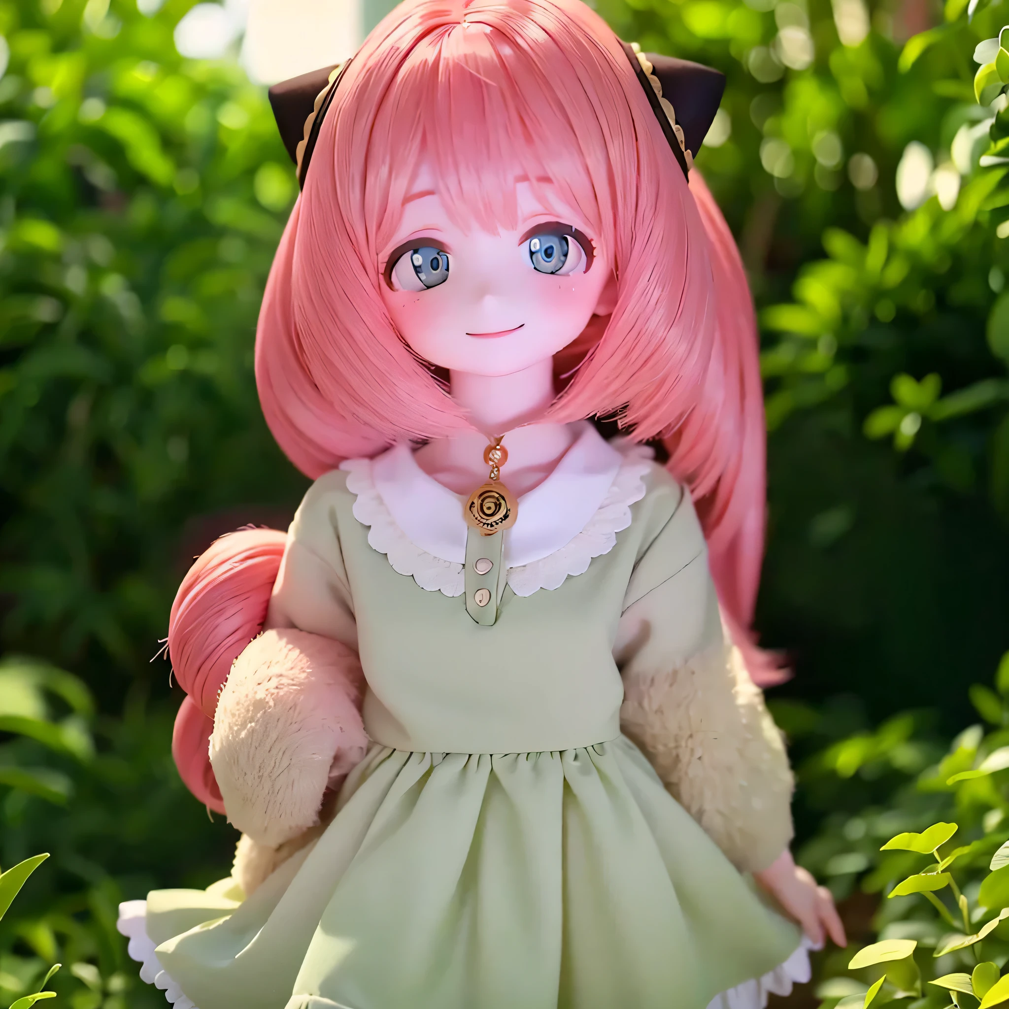 (highest quality,4K,High resolution,masterpiece:1.2),Very detailed,Realistic,Beautiful details,Beautiful lip detail,Long eyelashes,Pink Hair,short hair,smile,5 year old girl,Wear a pleated skirt (Chibi Skirt),Cute expression,Hilarious,Playful,Girlish,Bokeh,Soft lighting,Portraiture