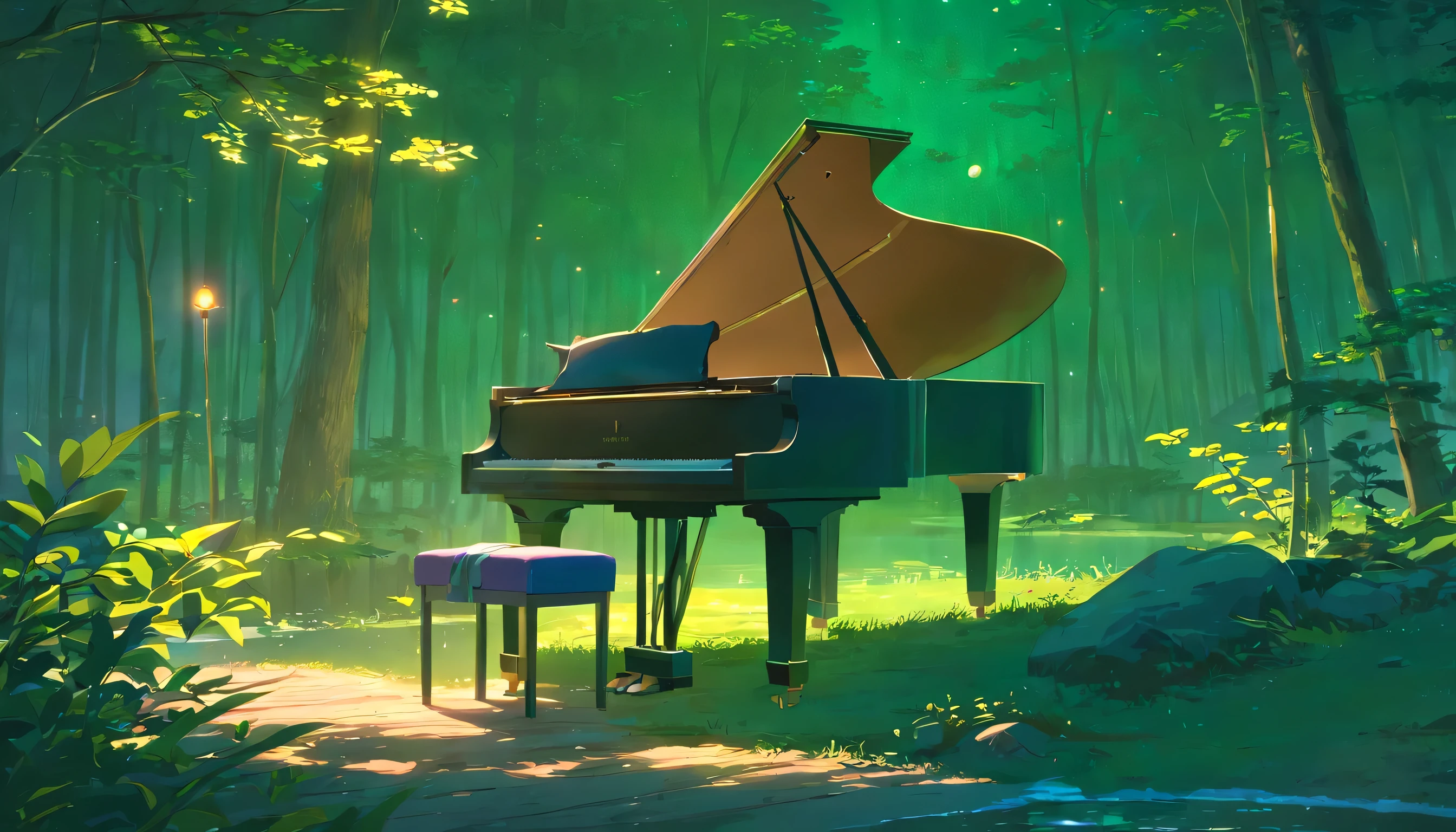 A piano in the middle of the woods near a river、A grand piano illuminated by the full moon