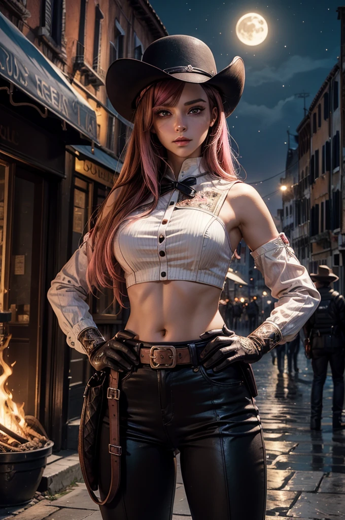 neopolitan, neopolitan, long hair, brown hair, (brown eyes:1.3), brown eyes, pink eyes, (heterochromia:1.2), two-tone hair, split-color hair, pink hair, brown hair, multicolored hair, BREAK gloves, hat, navel, detached sleeves, midriff, belt, pants, white gloves, black headwear, bowler hat, hands on hips, BREAK outdoors, night, stars, moon, post-apocalypse, dystopian future, venice, italy,  river, gondola, (crowd in military uniforms), bonfires, BREAK looking at viewer, (cowboy shot:1.5), BREAK (masterpiece:1.2), best quality, high resolution, unity 8k wallpaper, (illustration:0.8), (beautiful detailed eyes:1.6), extremely detailed face, perfect lighting, extremely detailed CG, (perfect hands, perfect anatomy),