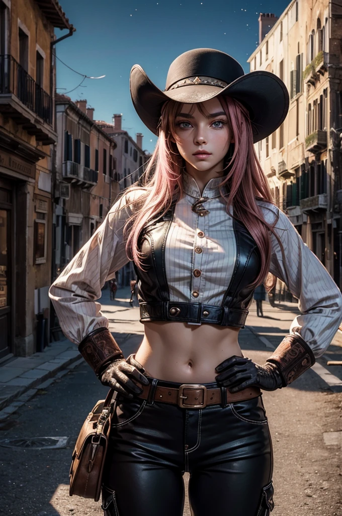 neopolitan, neopolitan, long hair, brown hair, (brown eyes:1.3), brown eyes, pink eyes, (heterochromia:1.2), two-tone hair, split-color hair, pink hair, brown hair, multicolored hair, BREAK gloves, hat, navel, detached sleeves, midriff, belt, pants, white gloves, black headwear, bowler hat, hands on hips, BREAK outdoors, night, stars, moon, post-apocalypse, dystopian future, venice, italy, river, gondola, (crowd in military uniforms), bonfires, BREAK looking at viewer, (cowboy shot:1.5), BREAK (masterpiece:1.2), best quality, high resolution, unity 8k wallpaper, (illustration:0.8), (beautiful detailed eyes:1.6), extremely detailed face, perfect lighting, extremely detailed CG, (perfect hands, perfect anatomy),