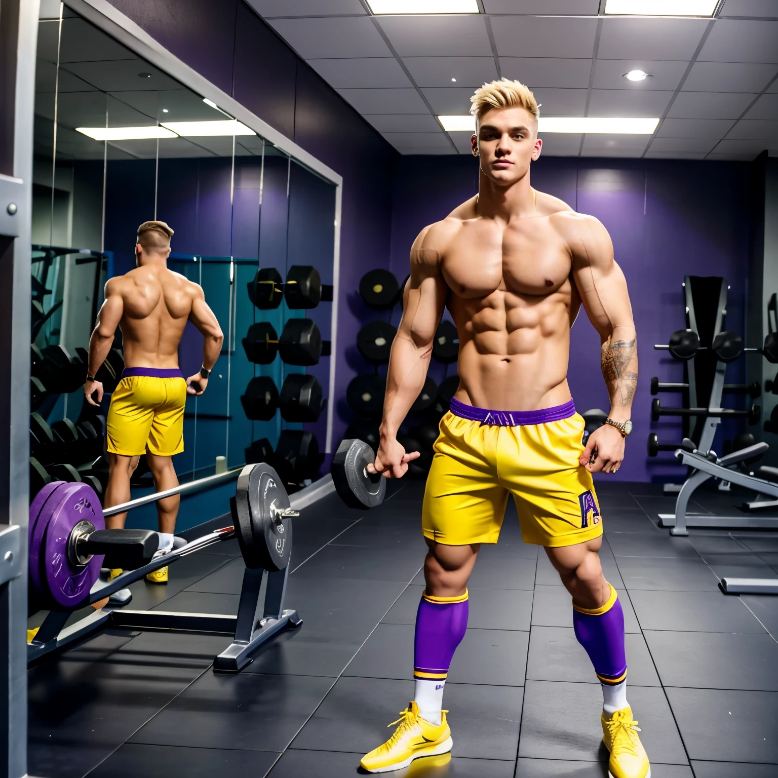 full view full body, a very confident white young male bodybuilder Aaron Carter with blond undercut haircut ,in vibrant yellow boxers adorned with a striking purple waistband, Jordan purple hi-tops, and yellow soccer socks, With an air of assurance, he strikes a pose, aiming to impress the guys around him. His stance exudes self-assurance, and his choice of attire commands attention, at gym