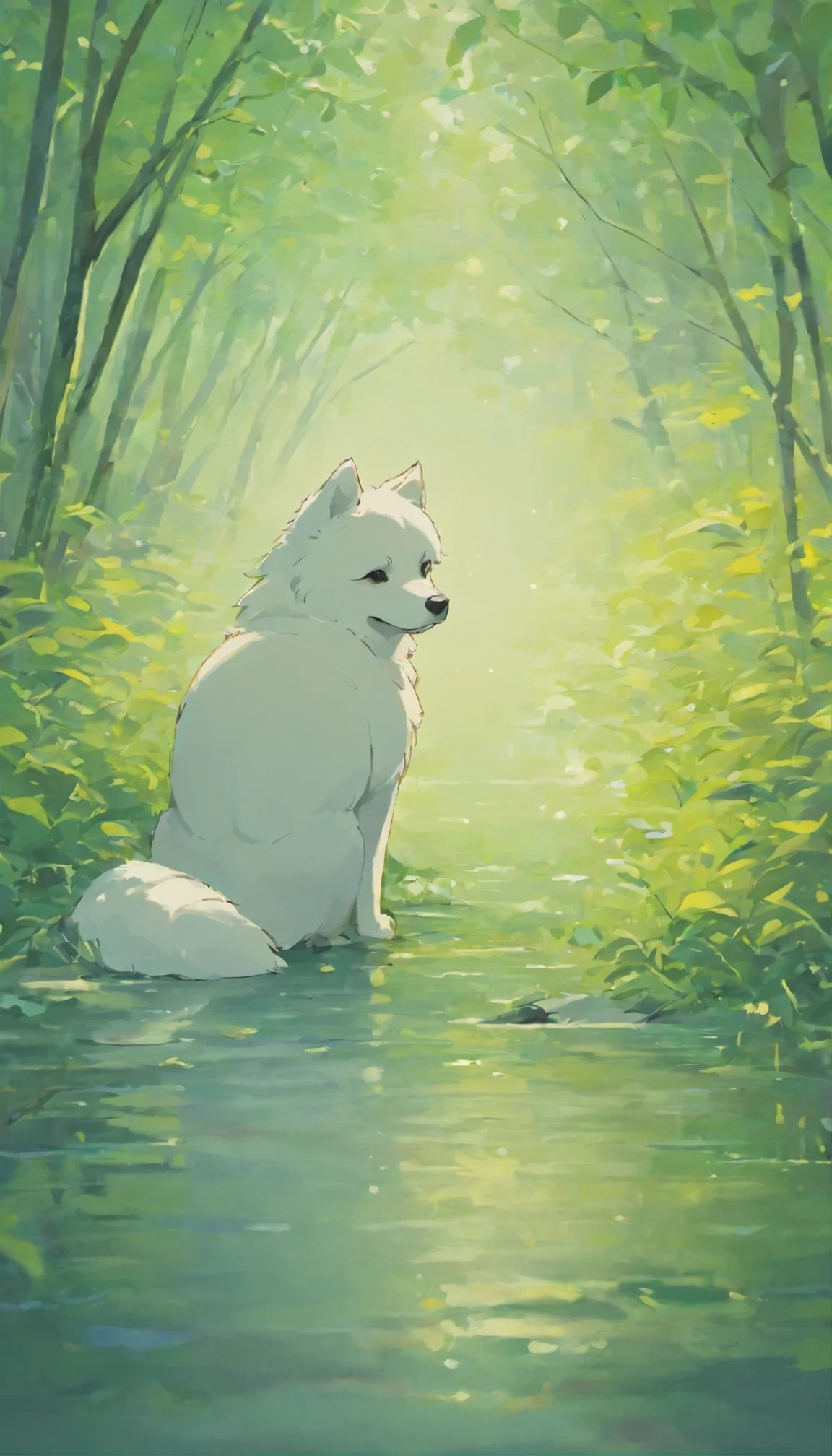 one dog, Samoyed dog, By the clear lake, Rest, Silence, Lakeside, Healing, Lakeside tranquility
