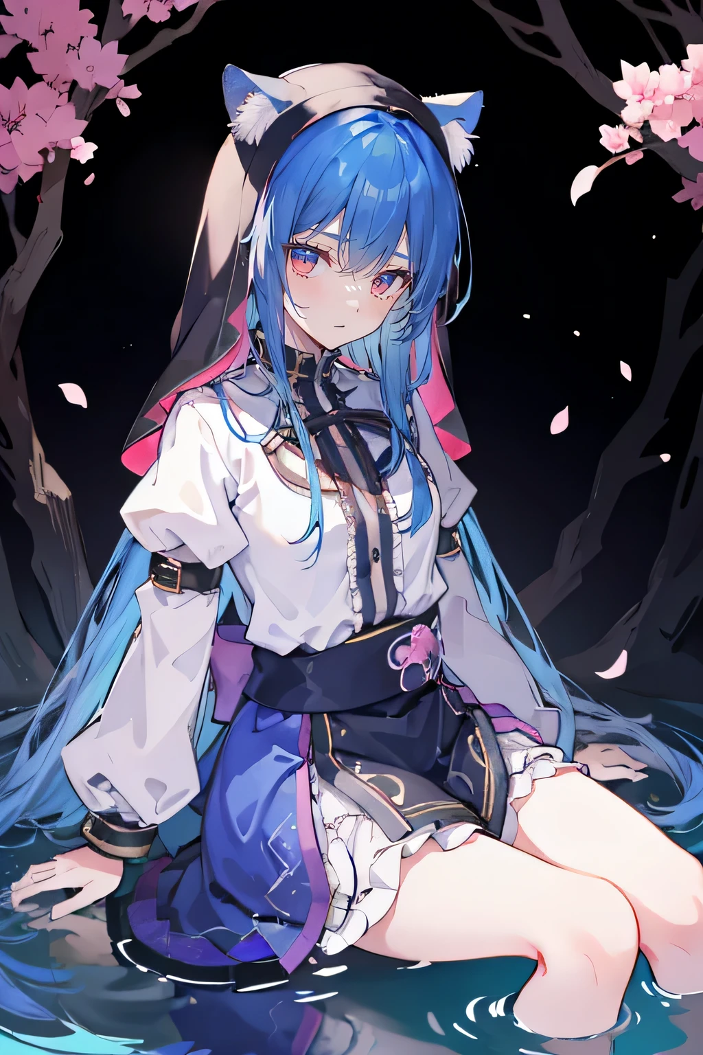 (masterpiece:1.2),Extremely detailed,Practical,expressive eyes,Fair skin,Perfect face shaping,1 Girl,
Japanese cartoons,Gorgeous blue hair, the long flowing blue hair,Floating clothes,Cat ears,Petals fall,beautiful lola,Young Angel,
Place your hands on your waist,sit elegantly on the ground,Cross your legs,Gentle and peaceful background,stately church,nun,lie on the water,Blackening,A look of disdain.