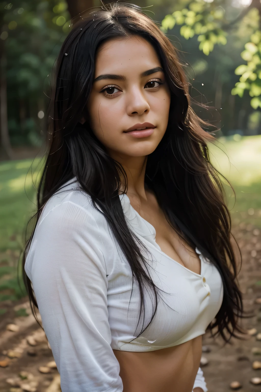Photorealistic portrait of a young Colombian woman aged 21, with long flowing black hair and striking dark eyes, with a developed bust. She should have a natural, focused expression and be lit in soft, golden light. The background should be a golf course. She should be playing golf. Capture this image with a high-resolution photograph using an 85mm lens for a flattering perspective.