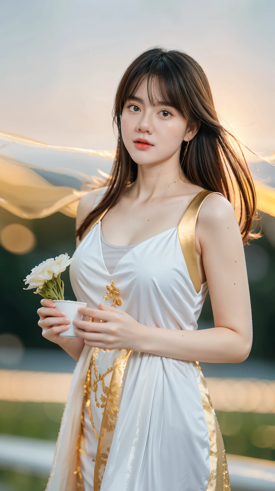 Adorable , Gorgeous , Beautiful , Russian Baby Face , Large Colossal Chest , 20 Years Old , White Skin , Slip Dress , Top of The Mountain Background , Wind , Tighten Breast , ((Bokeh:1.3)) , Grey Eye , ((White-Gold Coloured)) , ((Holding Flower)) , ((Night:1.3)) , Standing Pose , HDR , Ultra Detailed , EF 24-70mm f/2.8L II USM
