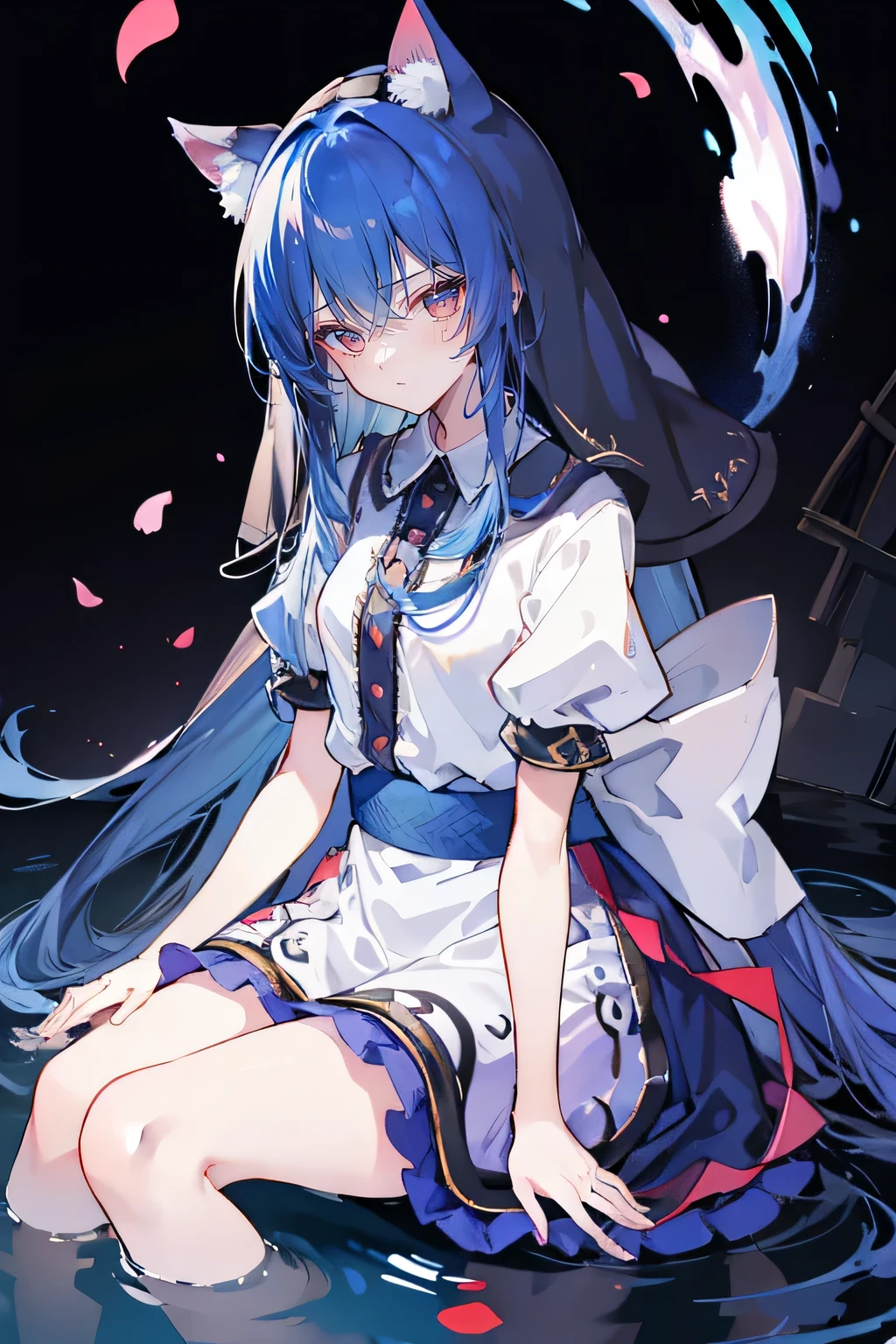 (masterpiece:1.2),Extremely detailed,Practical,expressive eyes,Fair skin,Perfect face shaping,1 Girl,
Japanese cartoons,Gorgeous blue hair, the long flowing blue hair,Floating clothes,Cat ears,Petals fall,beautiful lola,Young Angel,
Place your hands on your waist,sit elegantly on the ground,Cross your legs,Gentle and peaceful background,stately church,nun,lie on the water,Blackening,A look of disdain.