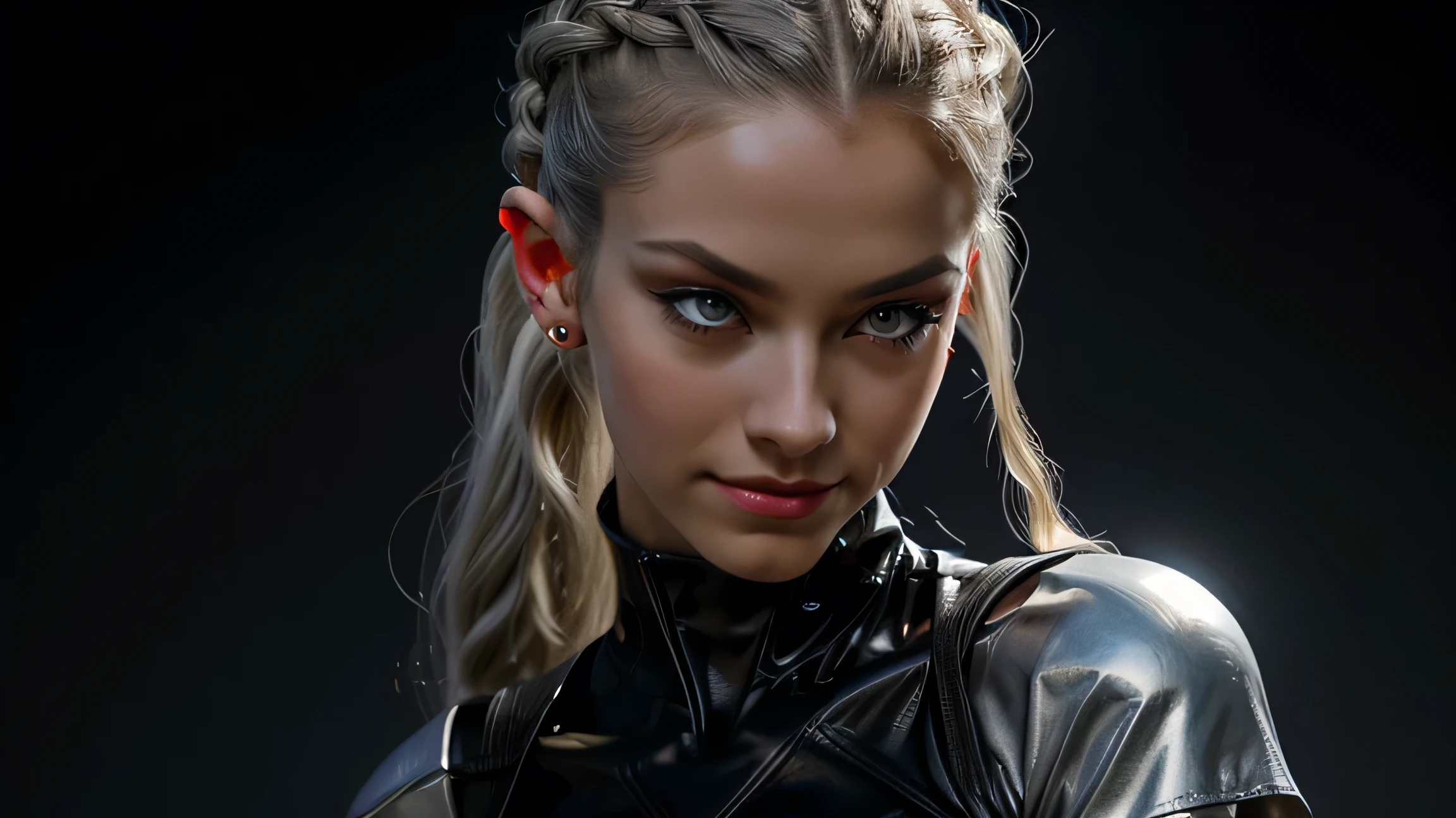 full body, 1girl, slender, lean with defined muscles, 21years, wearing fancy latex clothes, pale white skin, silver hair, braided ponytail, (perfect ears), hair behind ear, long hair, very long hair, undercut, mismatched sclera, half-closed eyes, glaring, longeyelashes, solid circle eyes, amber eyes, pointy ears, evil smile, seductive smile, Gothic art, Realism, Op art, Cubist Futurism, optical illusion, backlighting, cinematic lighting, depth of field, gray flat solid background, front view, first-person view, Eye-Level Shot, f/1.8, 135mm, Fujifilm, Sony FE GM, masterpiece, anatomically correct, super detail, textured skin, UHD, studio photo.