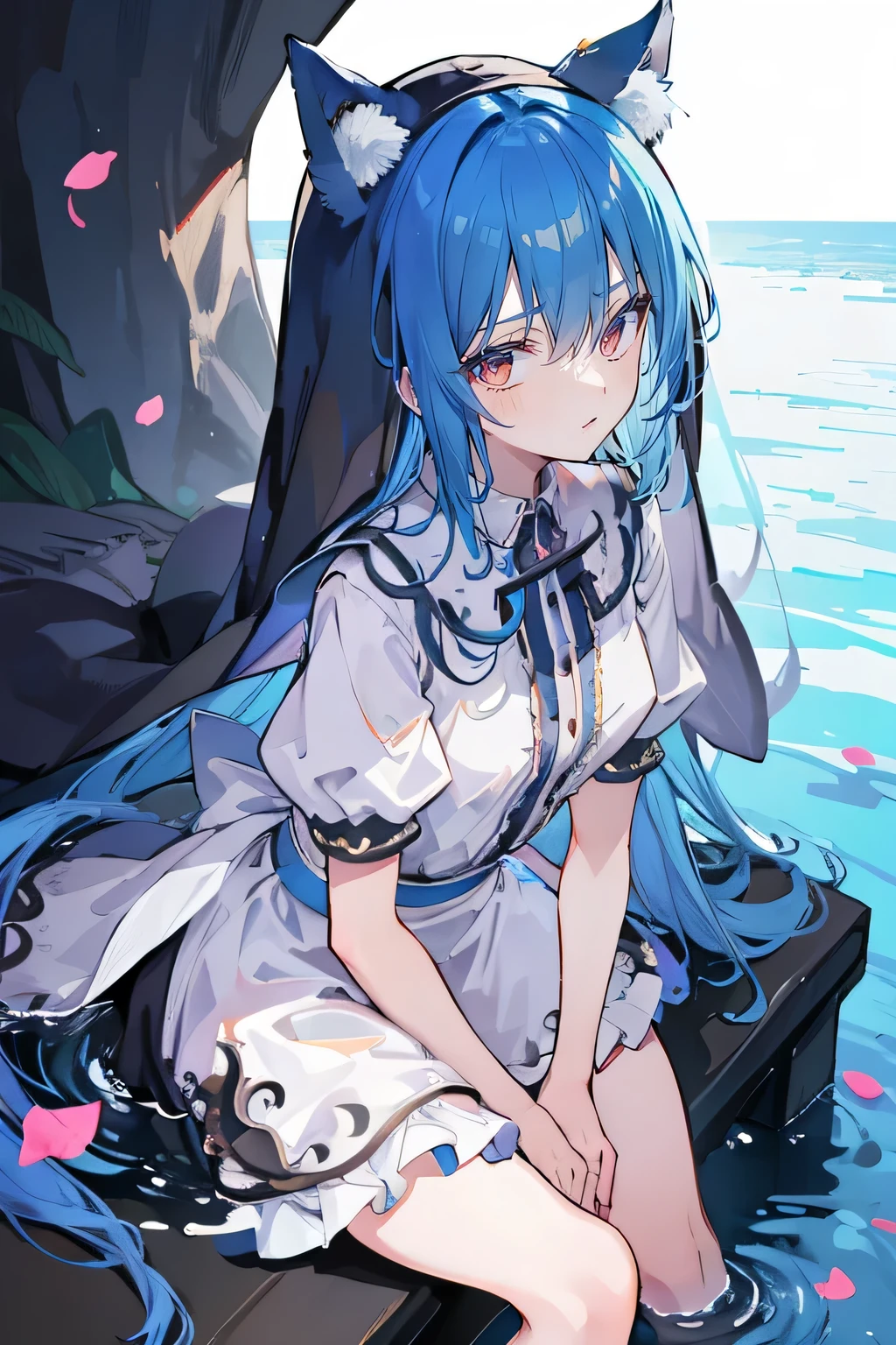 (masterpiece:1.2),Extremely detailed,Practical,expressive eyes,Fair skin,Perfect face shaping,1 Girl,
Japanese cartoons,Gorgeous blue hair, the long flowing blue hair,Floating clothes,Cat ears,Petals fall,beautiful lola,Young Angel,
Place your hands on your waist,sit elegantly on the ground,Cross your legs,Gentle and peaceful background,stately church,nun,lie on the water,Blackening,A look of disdain.