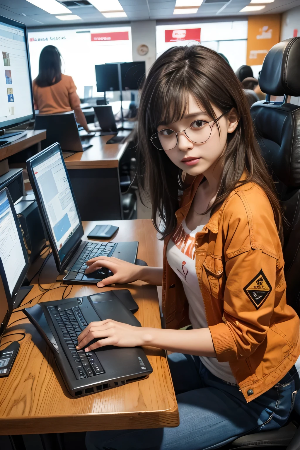 Brown hair and glasses、Young lady in jeans, orange T-shirt and denim jacket on left, Computer on the computer screen, Various code-realistic movies in the matrix style