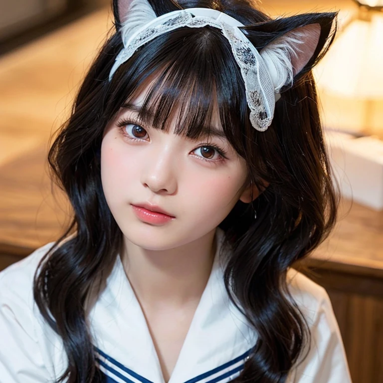 (highest quality,masterpiece:1.3,Ultra-high resolution),(Very detailed,Caustics,8k),(Realistic:1.4,RAW shooting),18-year-old,Japanese,A little sad look,Looking at the camera,Shiny skin, Slender body, Good figure,Rembrandt Lighting, (Photorealistic:1.2), (highest quality), (Detailed skin:1.3), (Intricate details), Ray Tracing,One girl, In detail,real,Detailed skin texture, Black Hair, Long Hair,Cat ears headband, (Wavy Hair:1.2), (Blunt bangs:1.2), cute, Sailor suit,(Face Focus:1.1),(Face close-up:1.1),(Low position::1.3),(Low Angle::1.3),Retro Cafe,