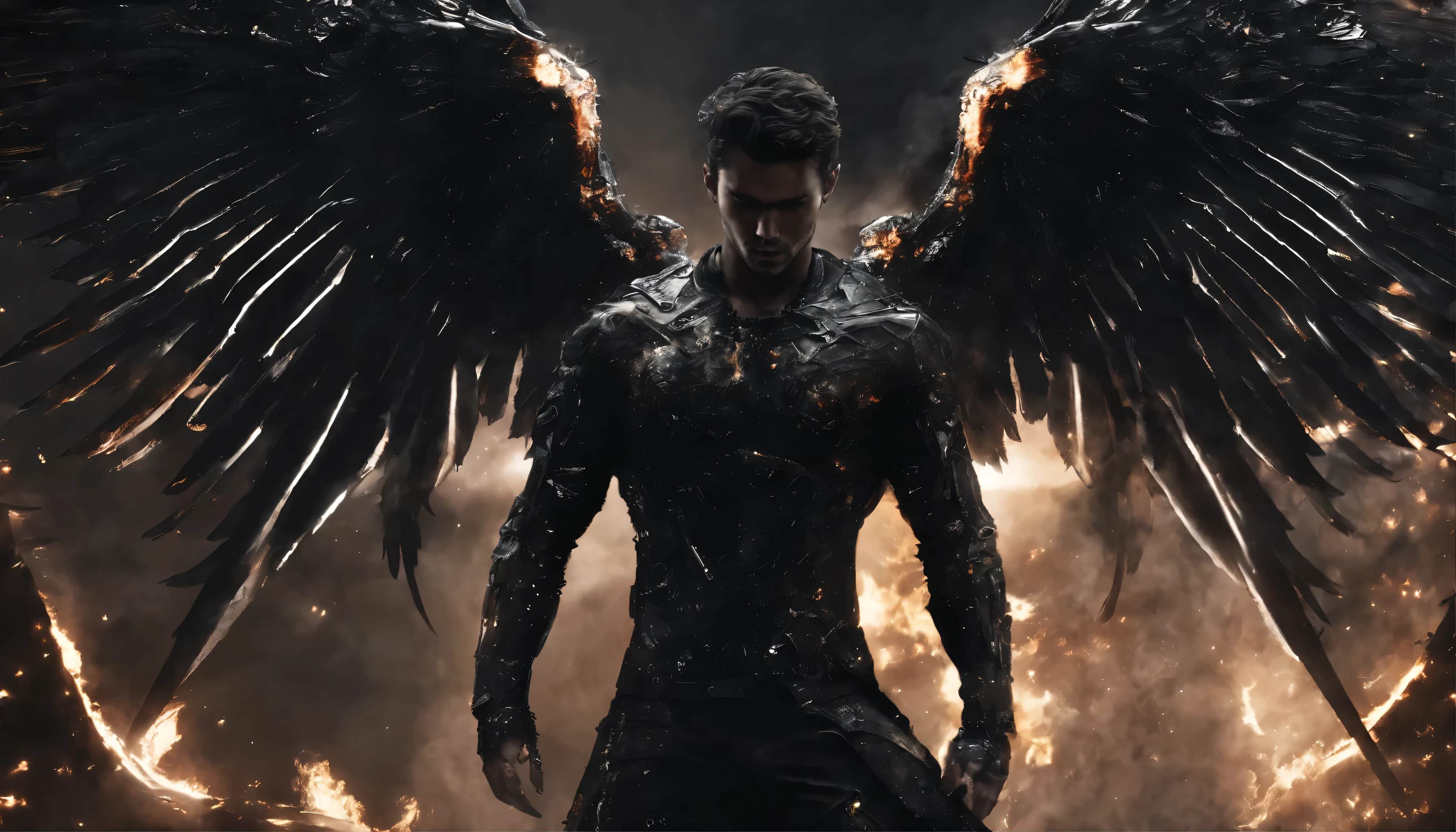  Fallen male Angel, front view, dirty body, ((face to viewer)), fire, inferno, sparks, industrial wings, Biomechanical, eerie, Dream-like, Very dark colors, Light particles, with light glowing, Lucifer, wallpaper art, UHD wallpaper, fire sparks,