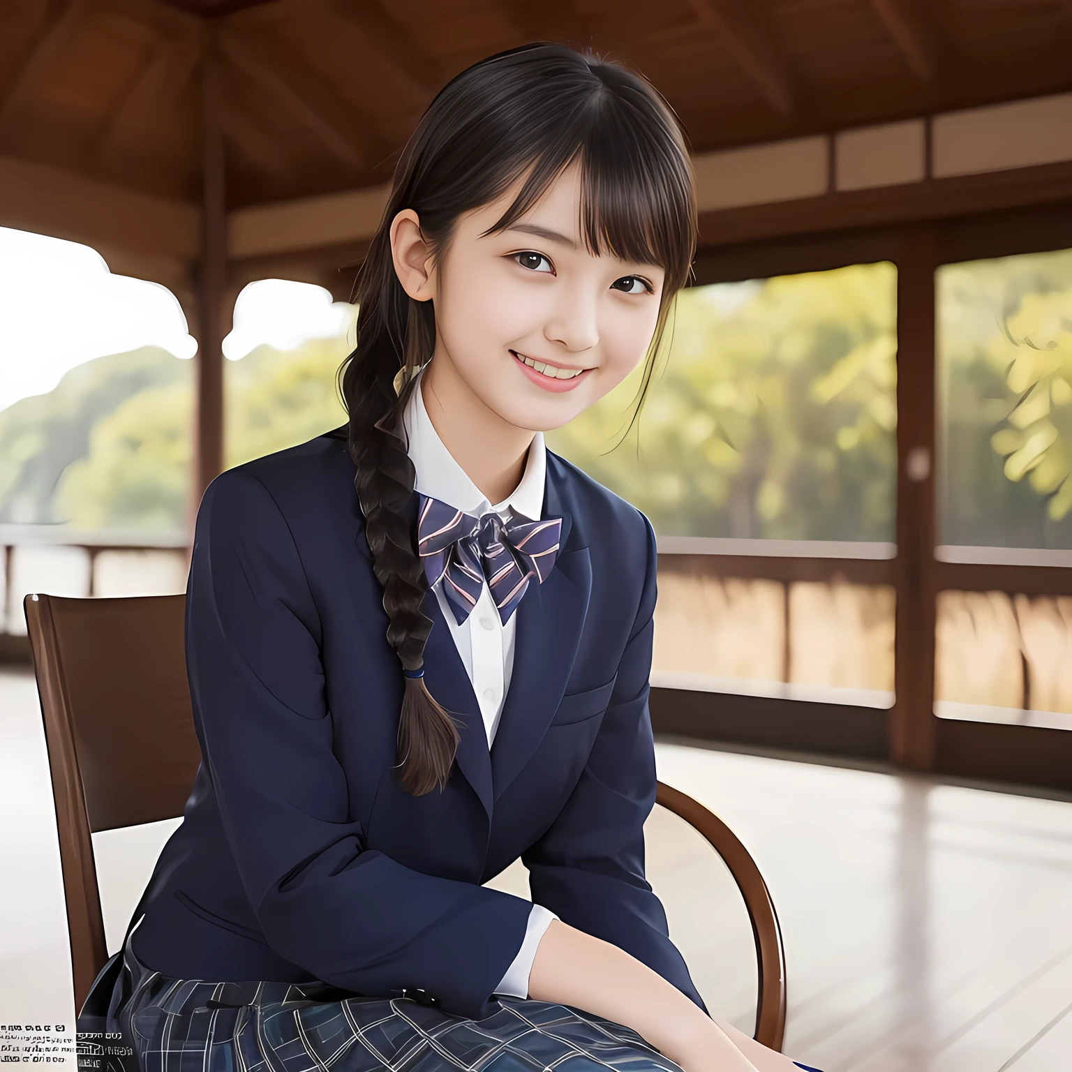 (highest quality, masterpiece:1.2), highest quality, Realistic, photograph, High resolution, 1080p, 8K, Physical Rendering, ((Height: 158cm)), Japanese girl、((((((A 14 year old beautiful Japanese fashion magazine's fashion model is looking straight at the viewer)))))), (((big very detailed beautiful dark brown eyes))), ((((laughing at me!)))), detailed fingers, (((curled blunt bangs))), ((((Very noble and cute eyes, carefully drawn with great attention to detail)))), ((double eyelids)), (((long eyelashes))), ((cute lovely lovely laughing laughing cheeks)), ((The pure white light hits my nose and cheeks. Her eyes and white facial skin shine beautifully white.)), (((((Her facial features are very expressive lovely smile, very sweet, very very intelligent))))), ((((impressive plain navy large school ribbon bow tie in plain)))), ((((black very beautiful and very long braids hair)))), ((blue and navy colored tartan checkered formal long pleated skirt)), (((A formal dark blue blazer in solid that is slightly oversized and with a golden emblem))), ((As elegant as a noble princess)), ((Seated on a chair of platform at a rural railway station)), ((Shooting the whole body from the side))