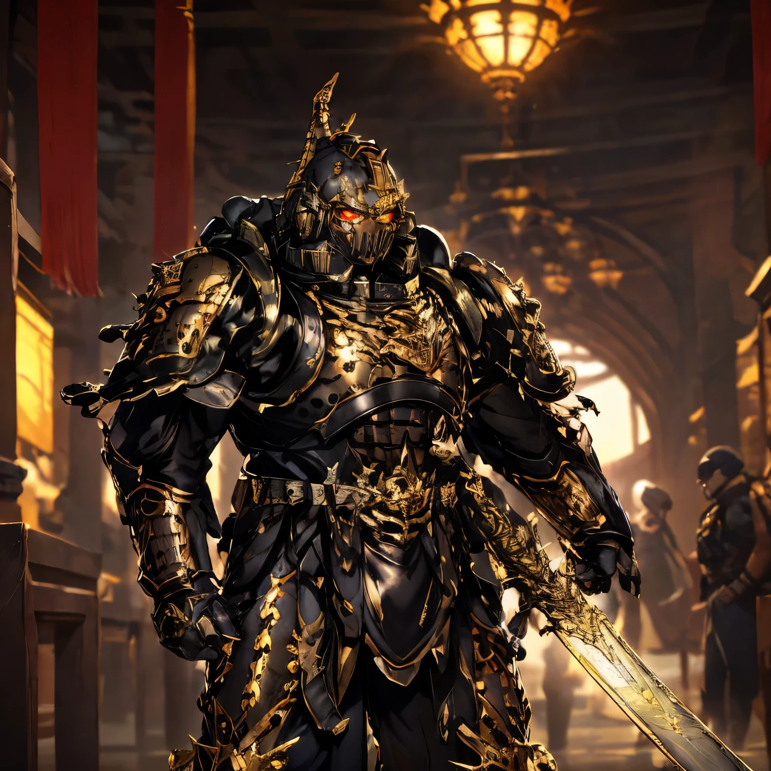 1 boy, Solitary, After obtaining the Astartes, Space Marines, , Purple Power Armor, helmet, Red Eyes, Glowing eyes, indoors, On the streets of the Forbidden City,In the Forbidden City,There is a golden dragon pattern on the armor,,,,,,Purple Armor ,Purple Armor,Purple Armor,Purple Armor,Many angles of the mechanical arms on the armor, (masterpiece), (best quality), (Extremely detailed), very beautiful, illustration, Perfect composition, Intricate details, absurd,Chinese Heavy Armor,Chinese Heavy Armor,Chinese Heavy Armor,Chinese Heavy Armor,Chinese Heavy Armor,Chinese Heavy Armor,Astartes,Astartes,Astartes,Astartes,Astartes,Heavy mask,Heavy mask,Heavy mask,Heavy mask,Glowing golden long sword,Glowing golden long sword,Glowing golden long sword,Glowing golden long sword,Glowing golden long sword,Glowing golden long sword