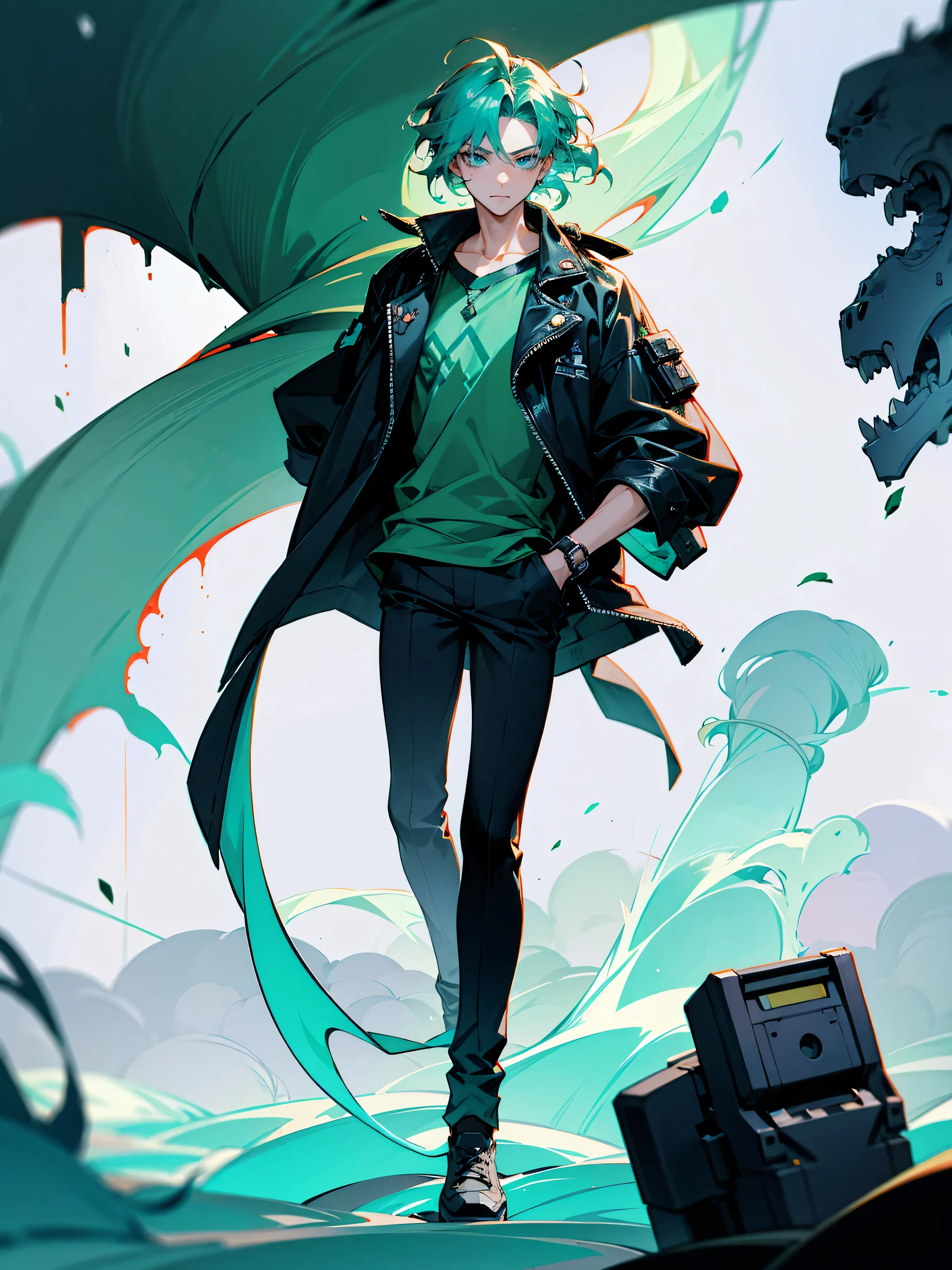 1male, adult, mint hair, wavy hair, short hair, pony tail, modern clothing, apocalyptic world