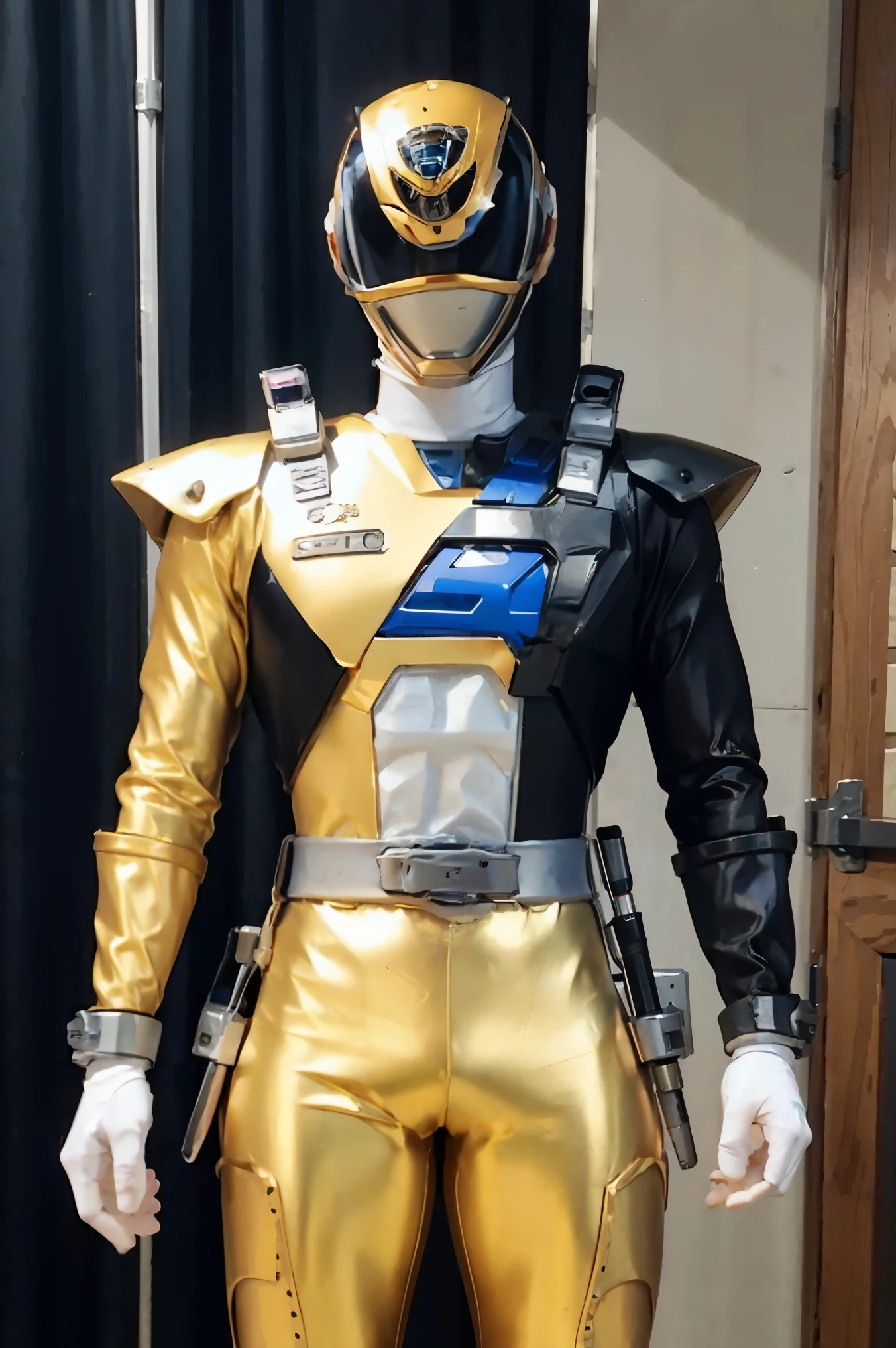 Fantasy background, cafe rpg style, empty chair, table, set of tea glass, (power rangers)), One guy、gold, white based, red and blue chest armor costume, Solo, ((fit figure)), (Anatomically correct), Cowboy shot, masked face, guns, muscular build