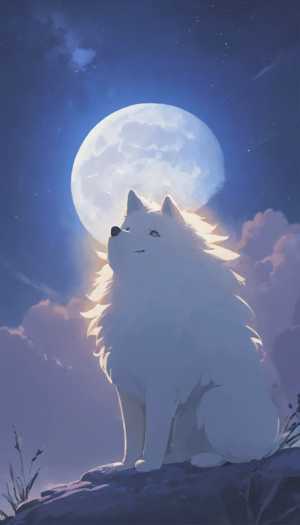 one dog, Samoyed dog, Floating in the night sky, looking at the full moon, nature, Night view, quiet night, Under the full moon