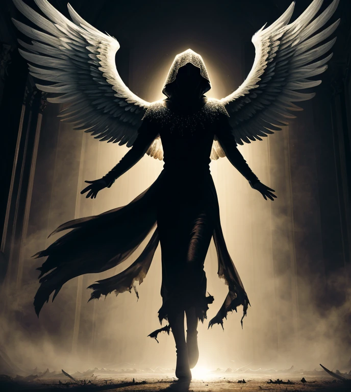 Represent a dramatic and impactful moment of an angel's fall from heaven into earthly darkness. The angel, once radiant and glorious, is now shrouded in shadow and anguish, his majestic wings stripped of their former light. 