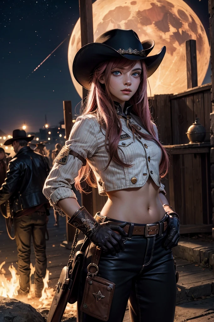 neopolitan, neopolitan, long hair, brown hair, (brown eyes:1.3), brown eyes, pink eyes, (heterochromia:1.2), two-tone hair, split-color hair, pink hair, brown hair, multicolored hair, BREAK gloves, hat, navel, detached sleeves, midriff, belt, pants, white gloves, black headwear, bowler hat, hands on hips, BREAK outdoors, night, stars, moon, post-apocalypse, dystopian future, venice,  river, gondola, (crowd in military uniforms), bonfires, BREAK looking at viewer, (cowboy shot:1.5), BREAK (masterpiece:1.2), best quality, high resolution, unity 8k wallpaper, (illustration:0.8), (beautiful detailed eyes:1.6), extremely detailed face, perfect lighting, extremely detailed CG, (perfect hands, perfect anatomy),