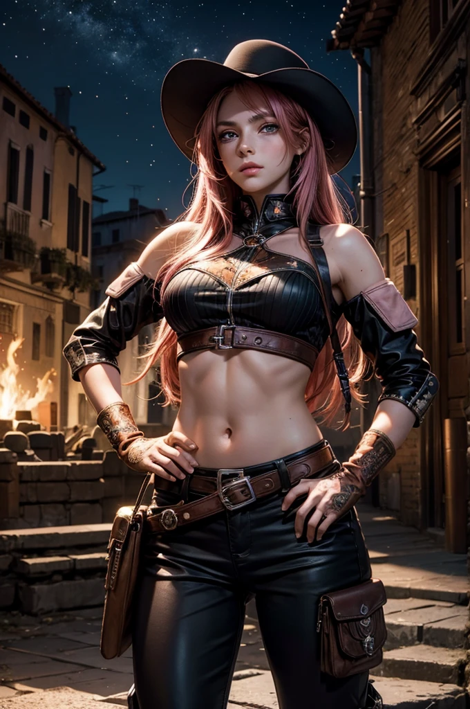 neopolitan, neopolitan, long hair, brown hair, (brown eyes:1.3), brown eyes, pink eyes, (heterochromia:1.2), two-tone hair, split-color hair, pink hair, brown hair, multicolored hair, BREAK gloves, hat, navel, detached sleeves, midriff, belt, pants, white gloves, black headwear, bowler hat, hands on hips, BREAK outdoors, night, stars, moon, post-apocalypse, dystopian future, venice,  river, gondola, (crowd in military uniforms), bonfires, BREAK looking at viewer, (cowboy shot:1.5), BREAK (masterpiece:1.2), best quality, high resolution, unity 8k wallpaper, (illustration:0.8), (beautiful detailed eyes:1.6), extremely detailed face, perfect lighting, extremely detailed CG, (perfect hands, perfect anatomy),