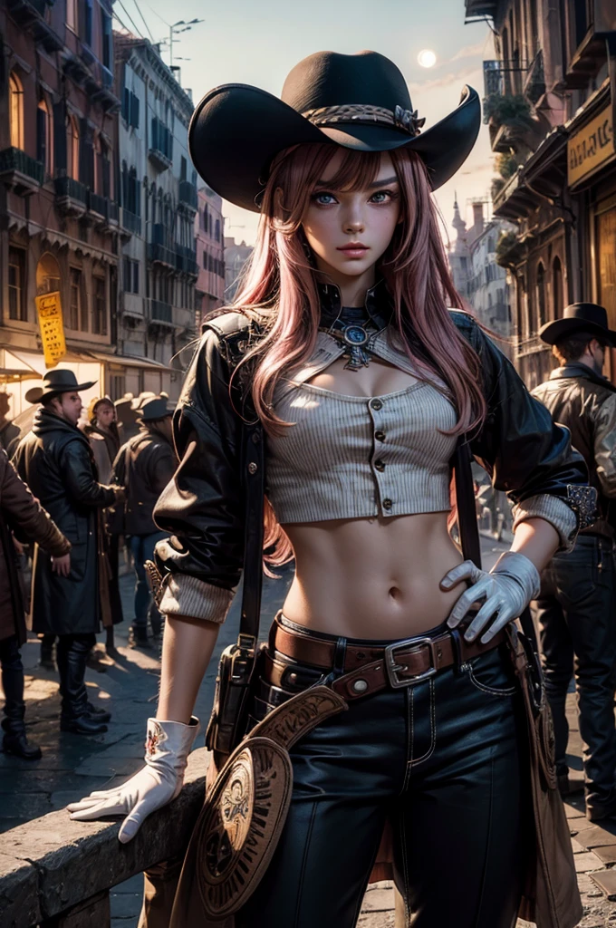 neopolitan, neopolitan, long hair, brown hair, (brown eyes:1.3), brown eyes, pink eyes, (heterochromia:1.2), two-tone hair, split-color hair, pink hair, brown hair, multicolored hair, BREAK gloves, hat, navel, detached sleeves, midriff, belt, pants, white gloves, black headwear, bowler hat, hands on hips, BREAK outdoors, night, stars, moon, post-apocalypse, dystopian future, venice, river, gondola, (crowd in military uniforms), bonfires, BREAK looking at viewer, (cowboy shot:1.5), BREAK (masterpiece:1.2), best quality, high resolution, unity 8k wallpaper, (illustration:0.8), (beautiful detailed eyes:1.6), extremely detailed face, perfect lighting, extremely detailed CG, (perfect hands, perfect anatomy),