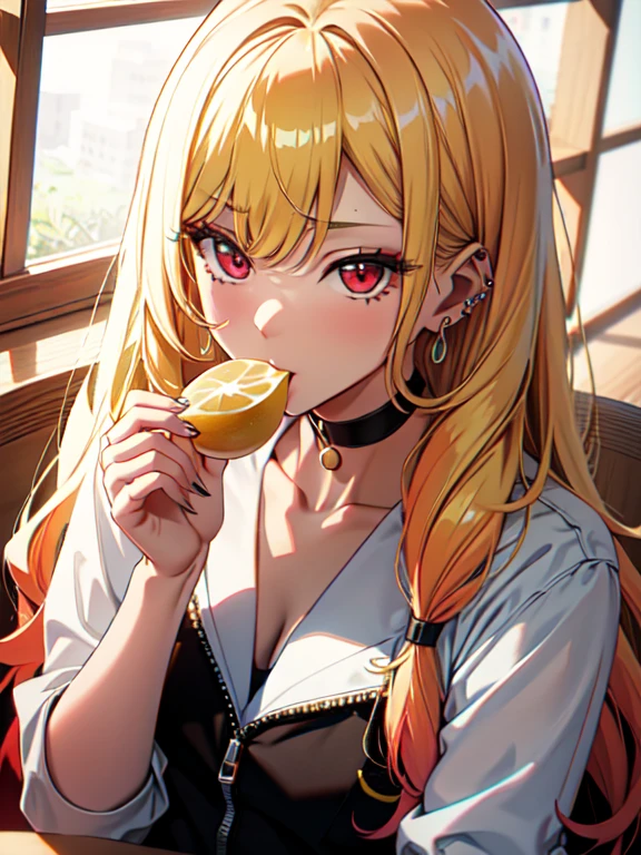 lemon:1.5, Biting into a lemon, Eating lemon, sour face:1.5, kitagawa marin, 1girl, blonde hair, long hair, multicolored hair, red eyes, jewelry, earrings, piercing, black choker, UHD, retina, ccurate, masterpiece, anatomically correct, textured skin, super detail, high details, high quality, best quality, highres, 8k