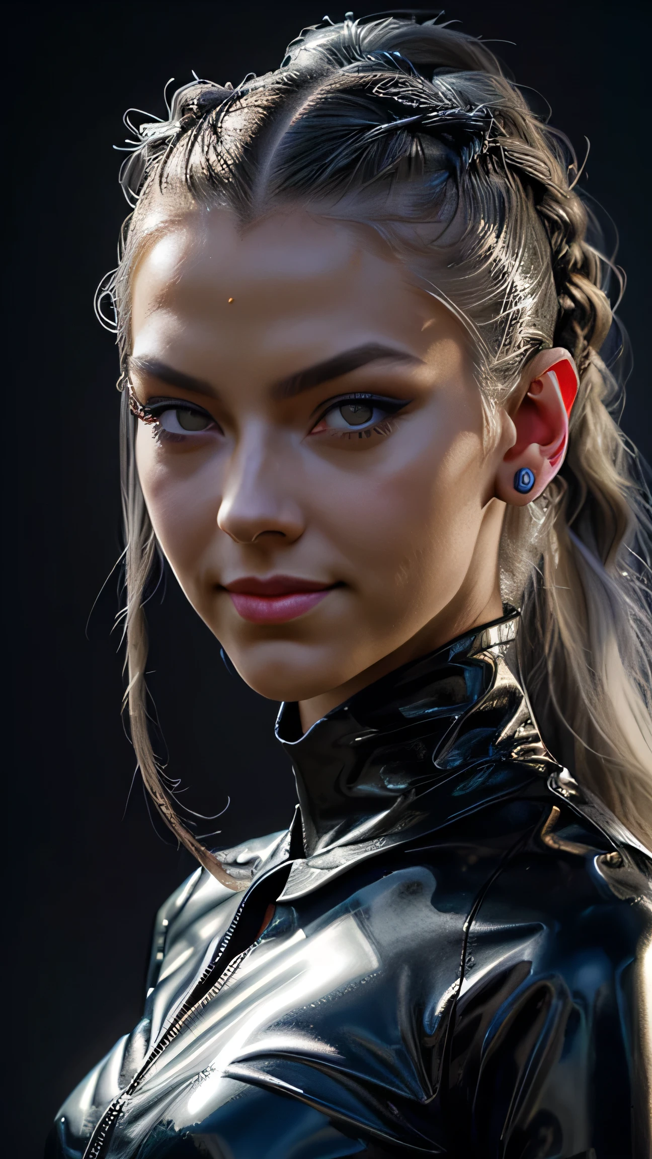 full body, 1girl, slender, lean with defined muscles, 21years, wearing fancy latex clothes, pale white skin, silver hair, braided ponytail, (perfect ears), hair behind ear, long hair, very long hair, undercut, mismatched sclera, half-closed eyes, glaring, longeyelashes, solid circle eyes, amber eyes, pointy ears, evil smile, seductive smile, Gothic art, Realism, Op art, Cubist Futurism, optical illusion, backlighting, cinematic lighting, depth of field, gray flat solid background, front view, first-person view, Eye-Level Shot, f/1.8, 135mm, Fujifilm, Sony FE GM, masterpiece, anatomically correct, super detail, textured skin, UHD, studio photo.