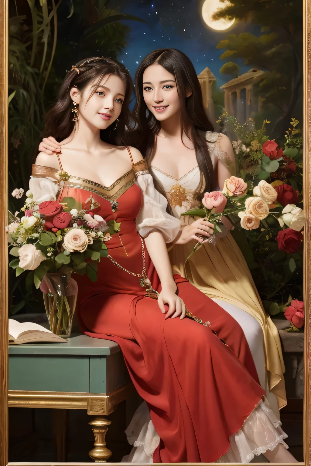 Giorgione painting style,Arguments of two female Philosophe,math、astronomical machine、astronaut、roses in vase、fruits、Cute trinkets、smile、ancient greek costume、Background is a forest lake at night 、Clothes that stretch your shoulders、A big smile、beautiful bare skin、A detailed representation of the seducing woman throughout her body.