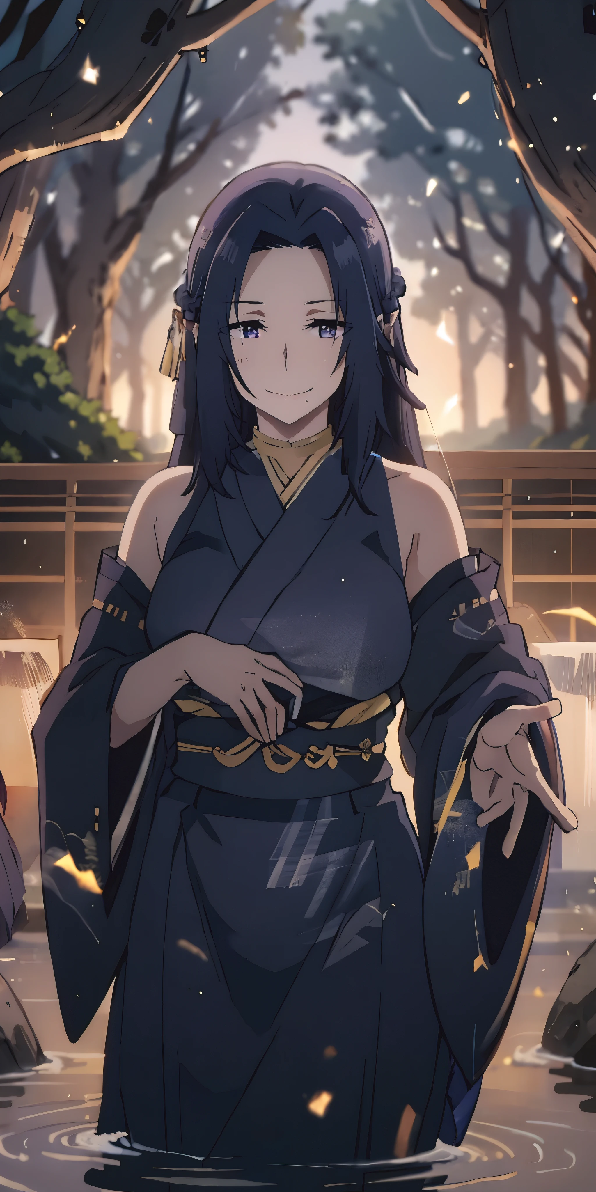 long hair, purple eyes, pointy ears, japanese_clothes, solo, nature, bangs, outdoors, standing, forest, looking_at_viewer, water, blurry, male_focus, tree, wide_sleeves, hakama, blurry_foreground, water_drop, kimono, rock, long_sleeves, depth_of_field, black_hair,