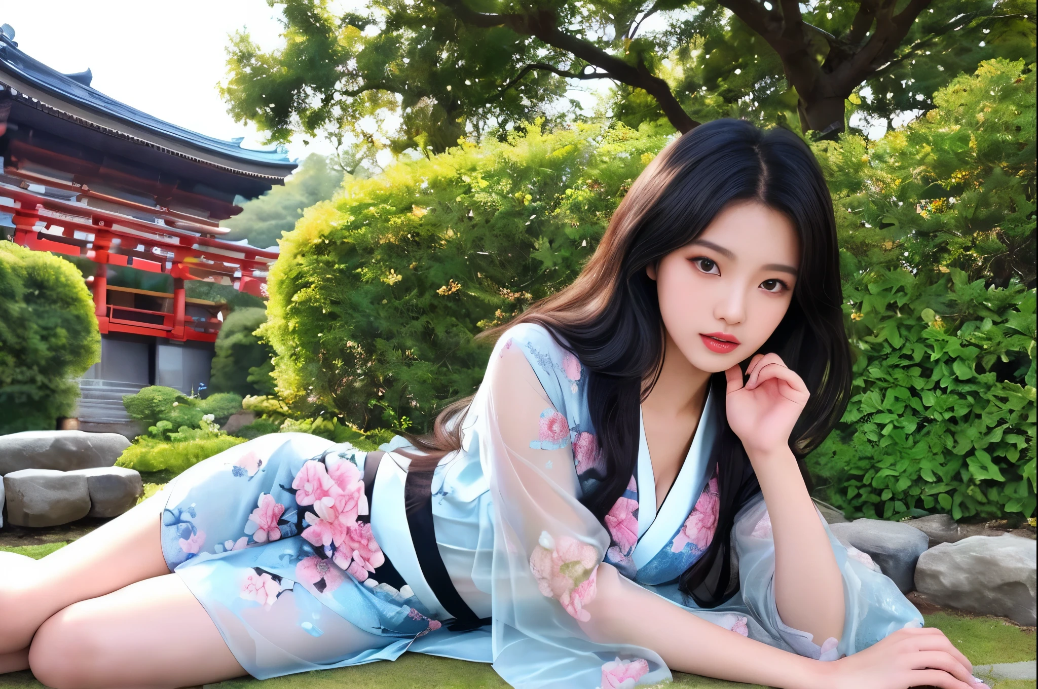 最high quality、high quality、Best image quality、8k、最High resolution、High resolution、最high quality、masterpiece、RAW Photos、whole body写真、Detailed and realistic human body、Detailed and realistic skin、Realistic face in every detail、Detailed and realistic eyes、Detailed and realistic lips、Detailed and realistic teeth、Detailed and realistic ears、Detailed and realistic hair、Realistic reproduction of every detail、((Beautiful Hands(thumb1、reference4))、Realistic feet down to the last detail、((Beautiful Japanese Girl))、(Japanese Model)、((18 year old beautiful girl))、(Black Hair)、(Random Hairstyles)、((whole body))、((Slim and perfect figure))、(Beautiful and firm breasts)、(whole body光沢肌、Fair skin)、Soft natural light、China dress、kimono、Ninja costume、Japanese tradition、Japanese garden、((Colorful see-through(Floral Ninja Costume))、((lying in the garden(Poses to make your thighs look beautiful))