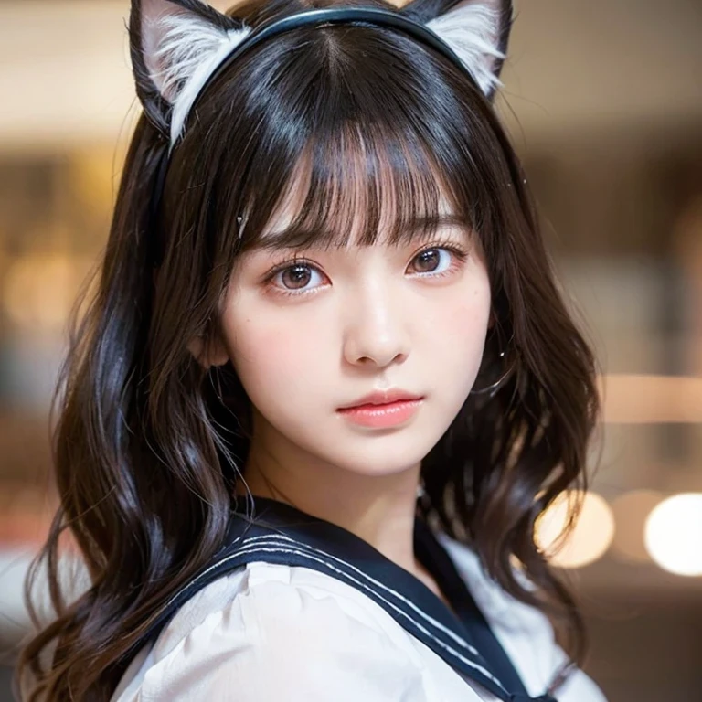 (highest quality,masterpiece:1.3,Ultra-high resolution),(Very detailed,Caustics,8k),(Realistic:1.4,RAW shooting),18-year-old,Japanese,A little sad look,Looking at the camera,Shiny skin, Slender body, Good figure,Rembrandt Lighting, (Photorealistic:1.2), (highest quality), (Detailed skin:1.3), (Intricate details), Ray Tracing,One girl, In detail,real,Detailed skin texture, Black Hair, Long Hair,Cat ears headband, (Wavy Hair:1.2), (Blunt bangs:1.2), cute, Sailor suit,(Face Focus:1.1),(Face close-up:1.1),(Low position::1.3),(Low Angle::1.3),Retro Cafe,