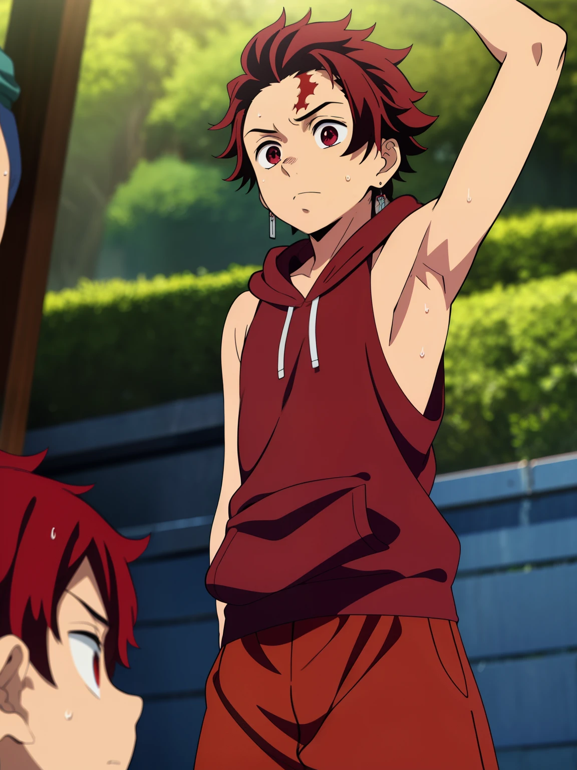 Highres, Masterpiece, Best quality at best,Best Quality,hight quality, hight detailed, 1boy, Tanjirou, scar, Red hair, Earring, Shota, Sleeveless hoodie, Sweat, Slim body, Upper body, Depth of field, (Showing armpit:1.3), slim body, (Seen from front), ( boy), 12-year-olboylurryckground