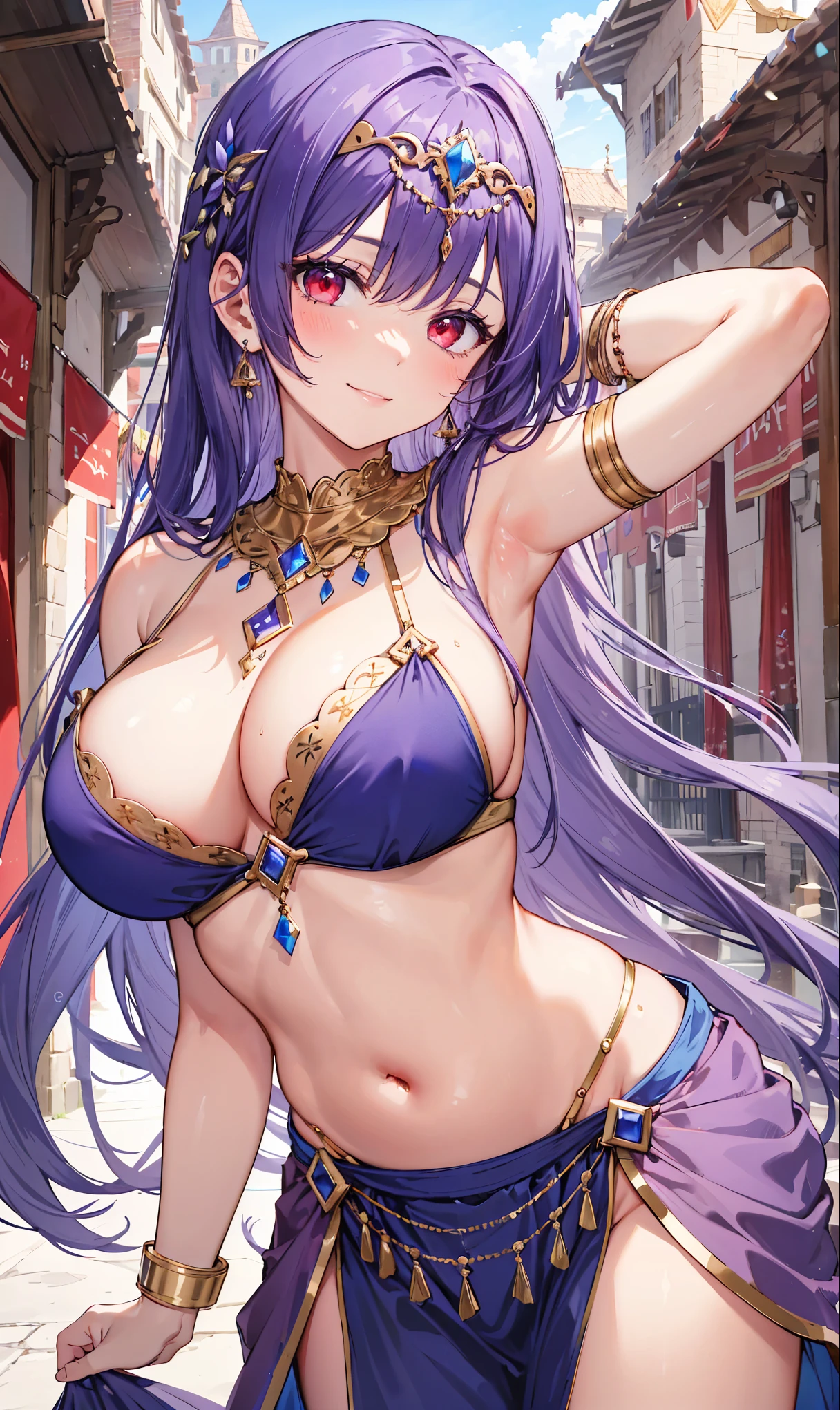 high quality, ultra detailed, best quality, insanely detailed, beautiful, masterpiece, 1girl, medieval plaza, cowboy shot, red eyes, long hair, purple hair, belly dancer, circlet, earrings, armlets, bracelets, bashful smile, large breasts, cleavage, soft stomach