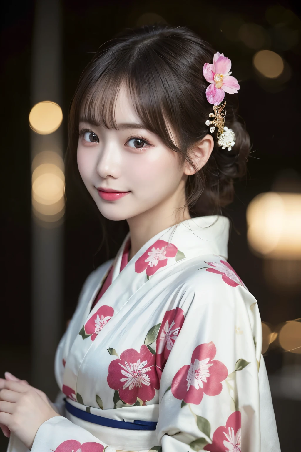 （kimono）、masterpiece、beautiful girl、Beautiful detailed eyes、highest quality, 超A high resolution, (reality: 1.4), Cinema Lighting、(Japanese Girls)、so beautiful、Beautiful Skin、(Looking at the audience)、(Surreal)、(High resolution)、(8k)、(Very detailed)、(Beautiful fine details)、(Very detailed)、 (wallpaper)、Detailed face、Bright lighting、Professional Lighting、Smile