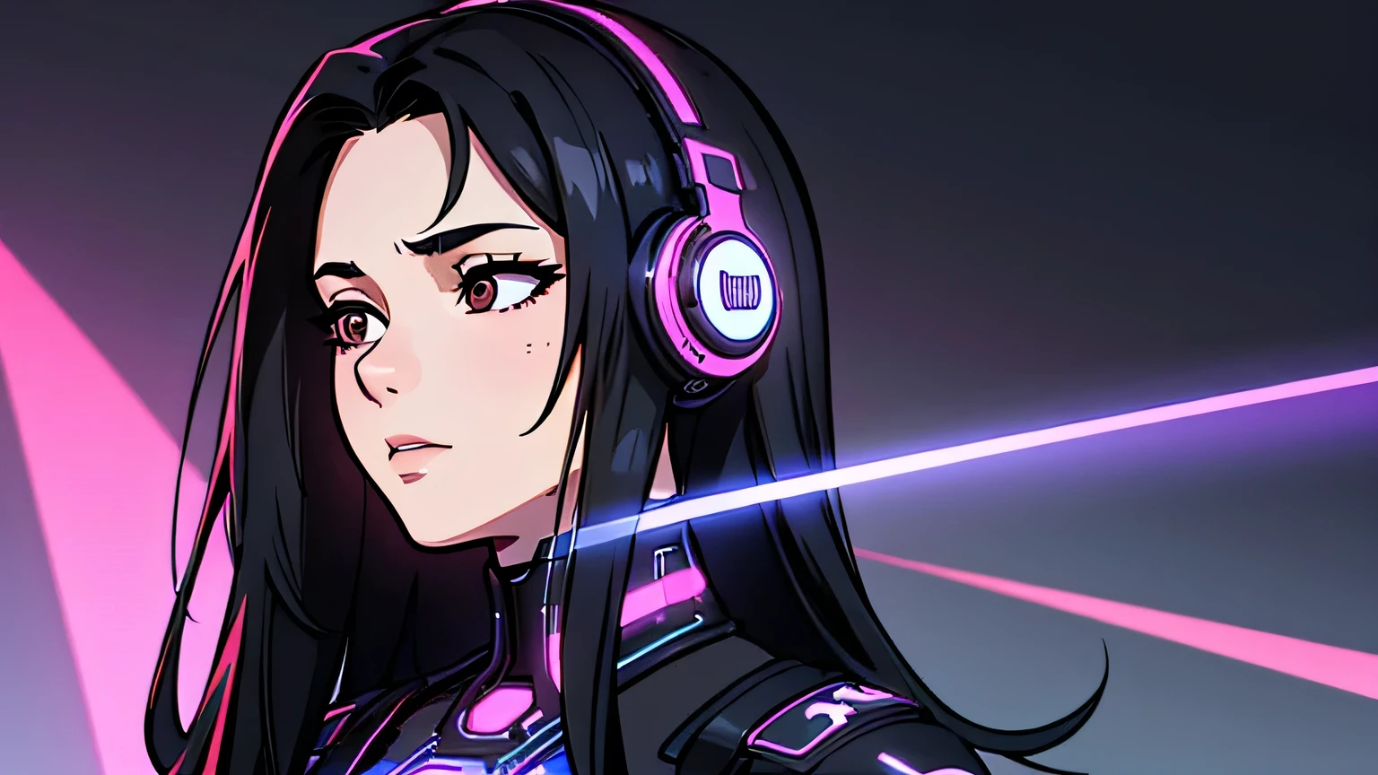 (Absurd, High resolution, Super detailed, Realistic, ), 1 18 years old,girl, alone, grace, Long black hair, suit,Brown eyes, (headphone),Cyberpunk city background, Super detailed, highest quality, Detail view, Vectorized, 8k, graphic design, Vector line, Full HD,whole body