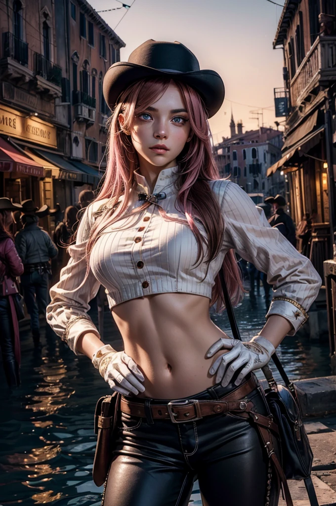 neopolitan, neopolitan, long hair, brown hair, (brown eyes:1.3), brown eyes, pink eyes, (heterochromia:1.2), two-tone hair, split-color hair, pink hair, brown hair, multicolored hair, BREAK gloves, hat, navel, detached sleeves, midriff, belt, pants, white gloves, black headwear, bowler hat, hands on hips, BREAK outdoors, night, stars, moon, post-apocalypse, dystopian future, venice, ((river, gondola)), (crowd in military uniforms), bonfires, BREAK looking at viewer, (cowboy shot:1.5), BREAK (masterpiece:1.2), best quality, high resolution, unity 8k wallpaper, (illustration:0.8), (beautiful detailed eyes:1.6), extremely detailed face, perfect lighting, extremely detailed CG, (perfect hands, perfect anatomy),