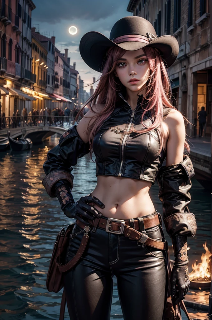 neopolitan, neopolitan, long hair, brown hair, (brown eyes:1.3), brown eyes, pink eyes, (heterochromia:1.2), two-tone hair, split-color hair, pink hair, brown hair, multicolored hair, BREAK gloves, hat, navel, detached sleeves, midriff, belt, pants, white gloves, black headwear, bowler hat, hands on hips, BREAK outdoors, night, stars, moon, post-apocalypse, dystopian future, venice,  ((river, gondola)), (crowd in military uniforms), bonfires, BREAK looking at viewer, (cowboy shot:1.5), BREAK (masterpiece:1.2), best quality, high resolution, unity 8k wallpaper, (illustration:0.8), (beautiful detailed eyes:1.6), extremely detailed face, perfect lighting, extremely detailed CG, (perfect hands, perfect anatomy),