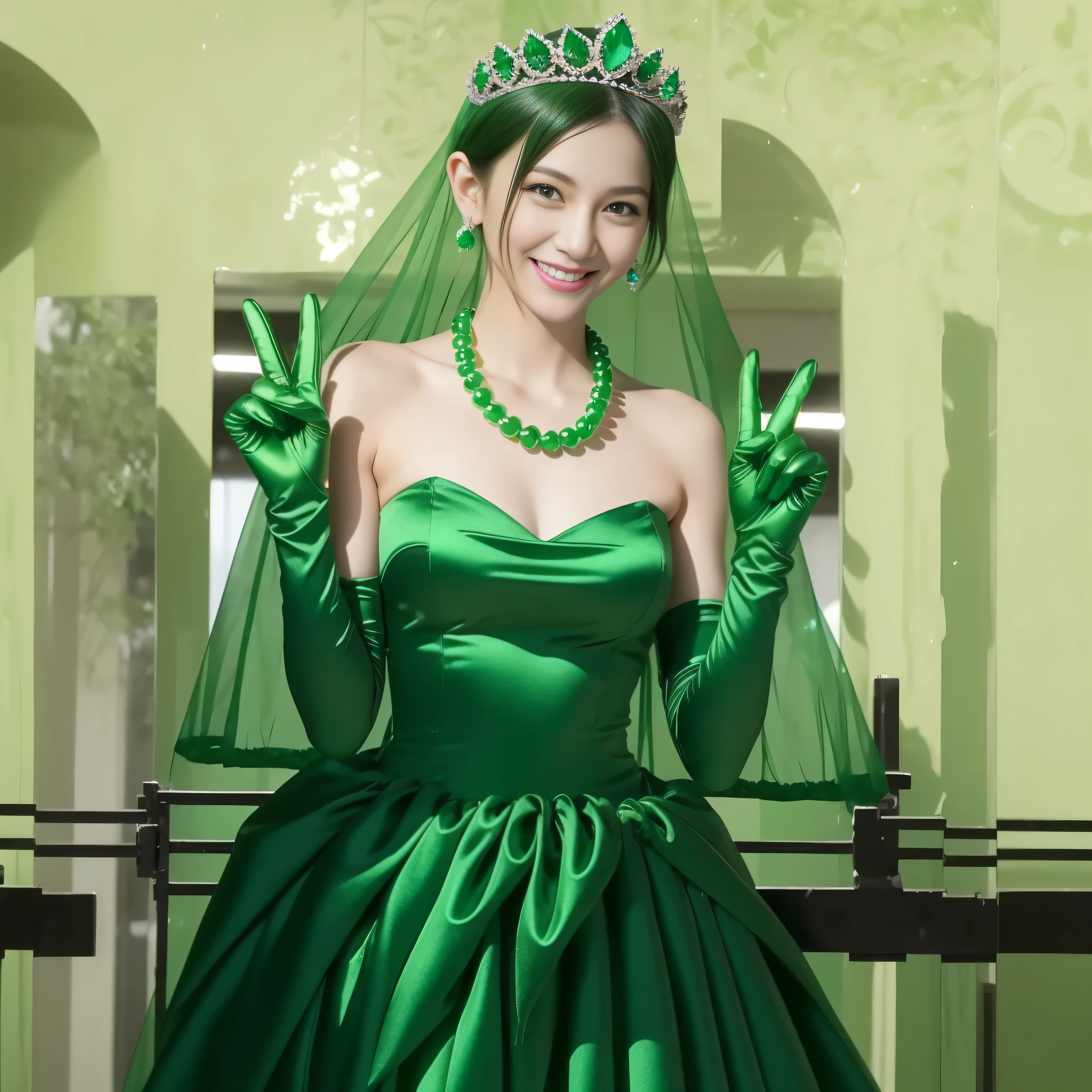 Emerald tiara, Green Pearl Necklace, Boyish very short green hair, lipstick, Smiling Japan woman in her 30s, Very short hair, Big and beautiful, Green Eyes, Long green satin gloves, Big Breasts, V sign, Emerald Earrings, Green veil