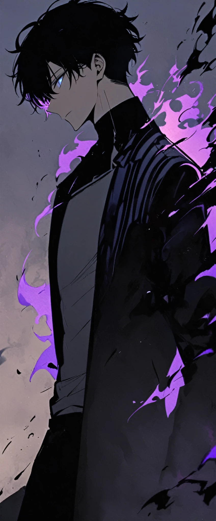 good looking, alone, male, short hair, Black Hair, Blue eyes, Grey Shirt, Black Pants, A simple black long coat, Purple Flame